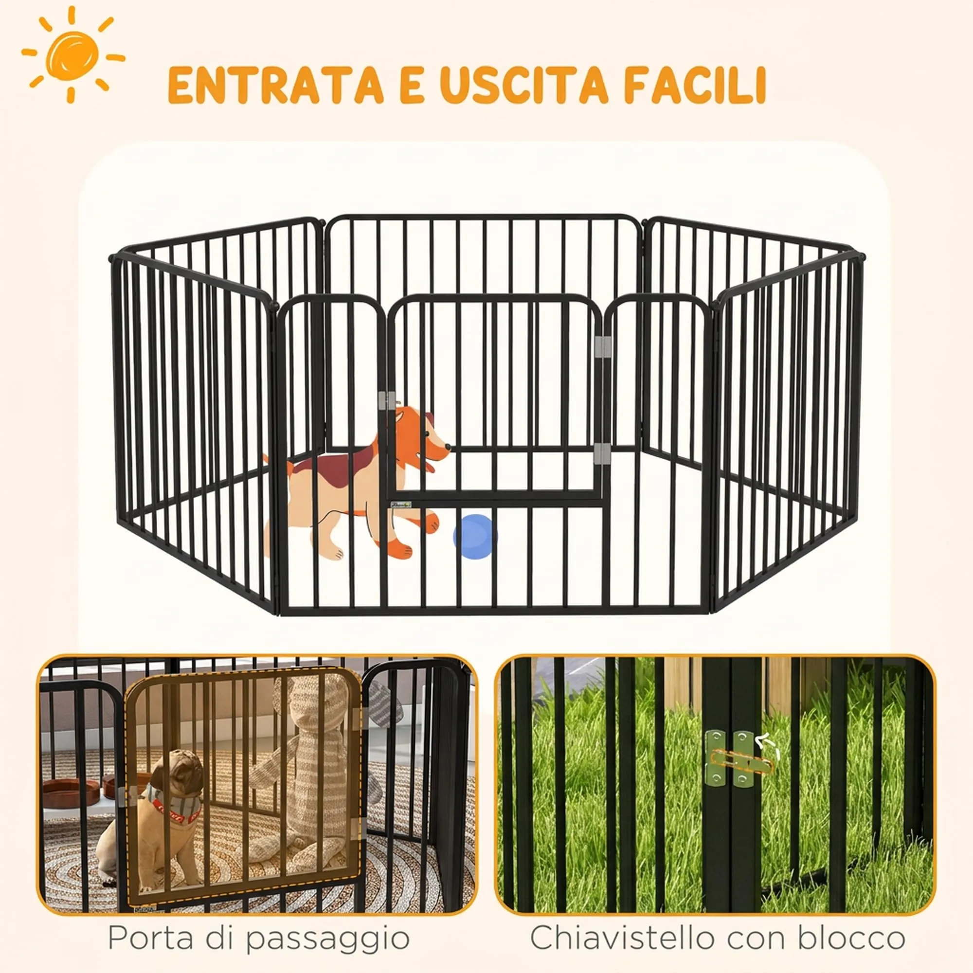 PawHut Box per Cani in Acciaio, 6 Pannelli Modulabili, 164x83x60 cm, Nero - immagine 6