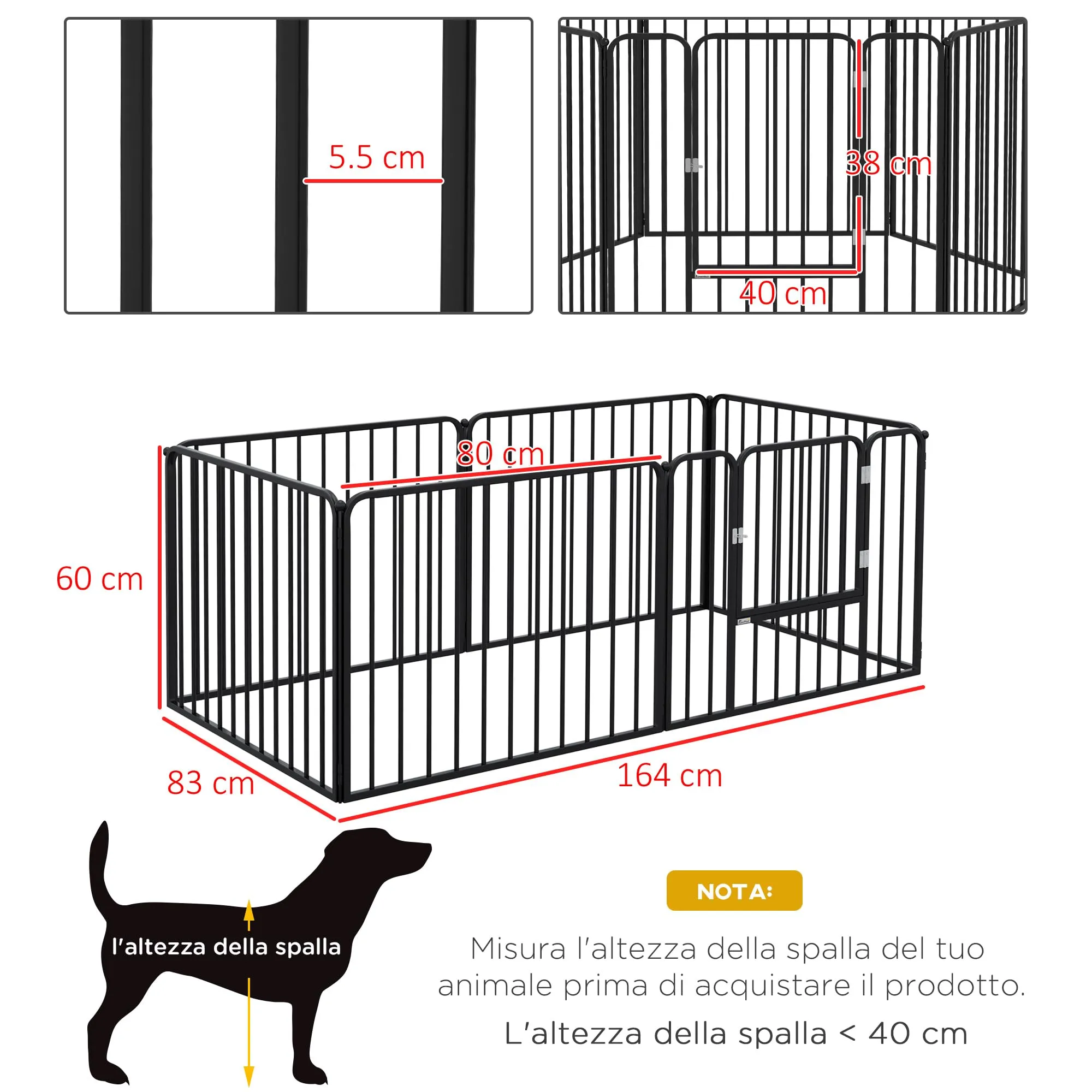 PawHut Box per Cani in Acciaio, 6 Pannelli Modulabili, 164x83x60 cm, Nero - immagine 7