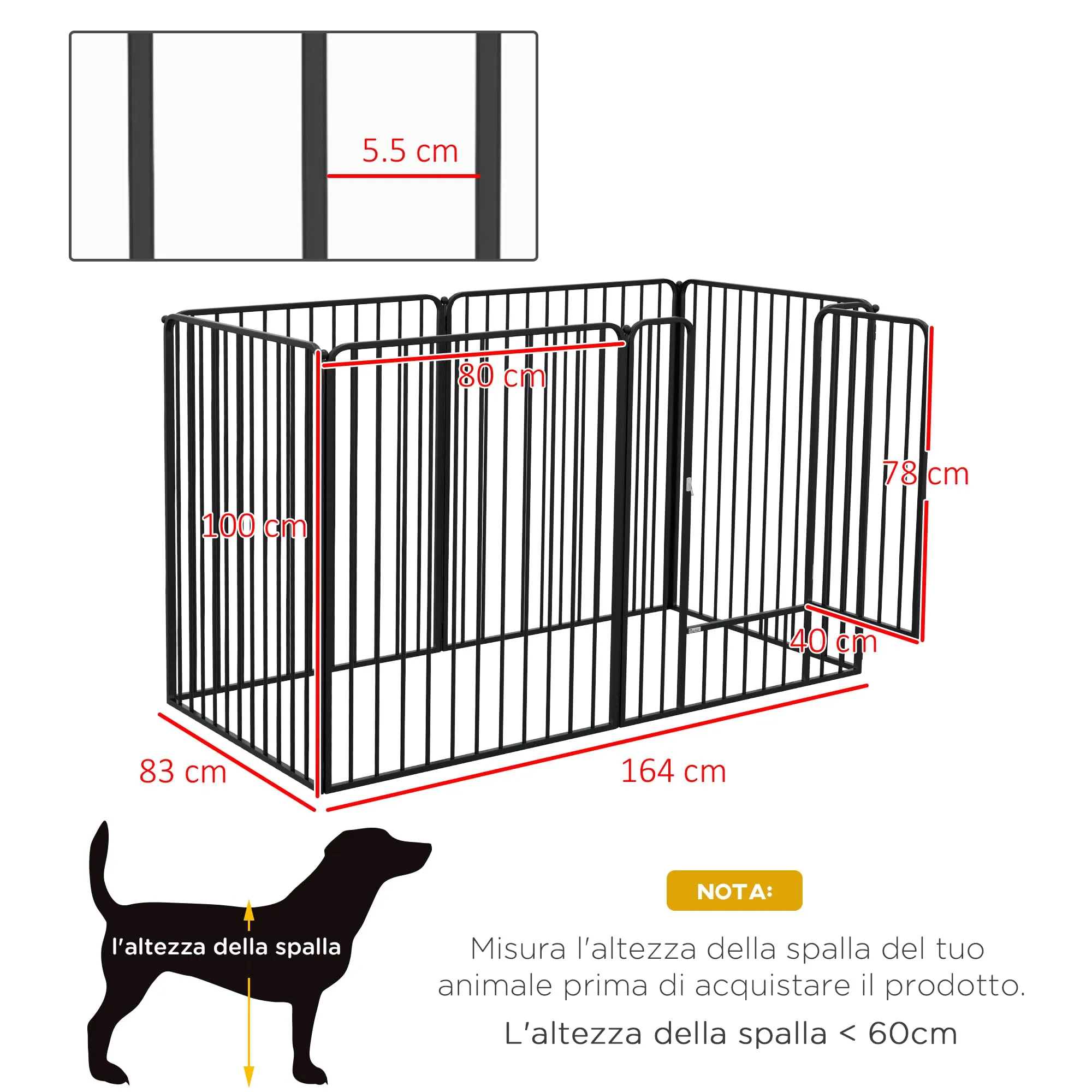 PawHut Box per Cani in Acciaio, 6 Pannelli Modulabili, 164x83x100 cm, Nero - immagine 3