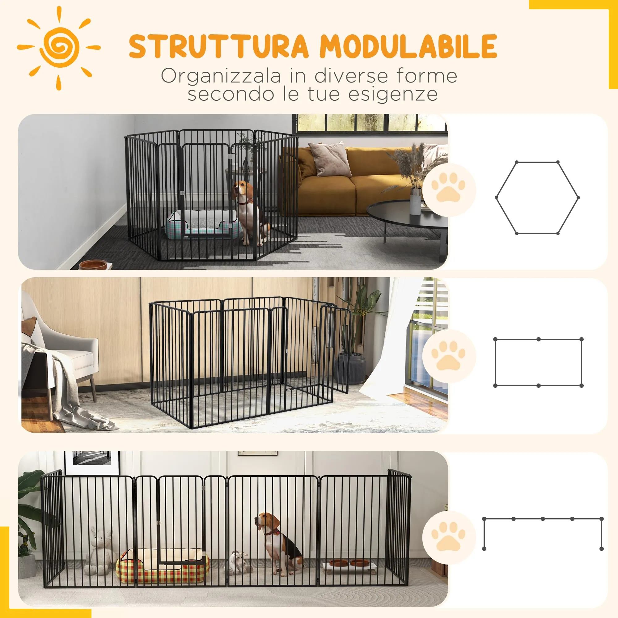 PawHut Box per Cani in Acciaio, 6 Pannelli Modulabili, 164x83x100 cm, Nero - immagine 5