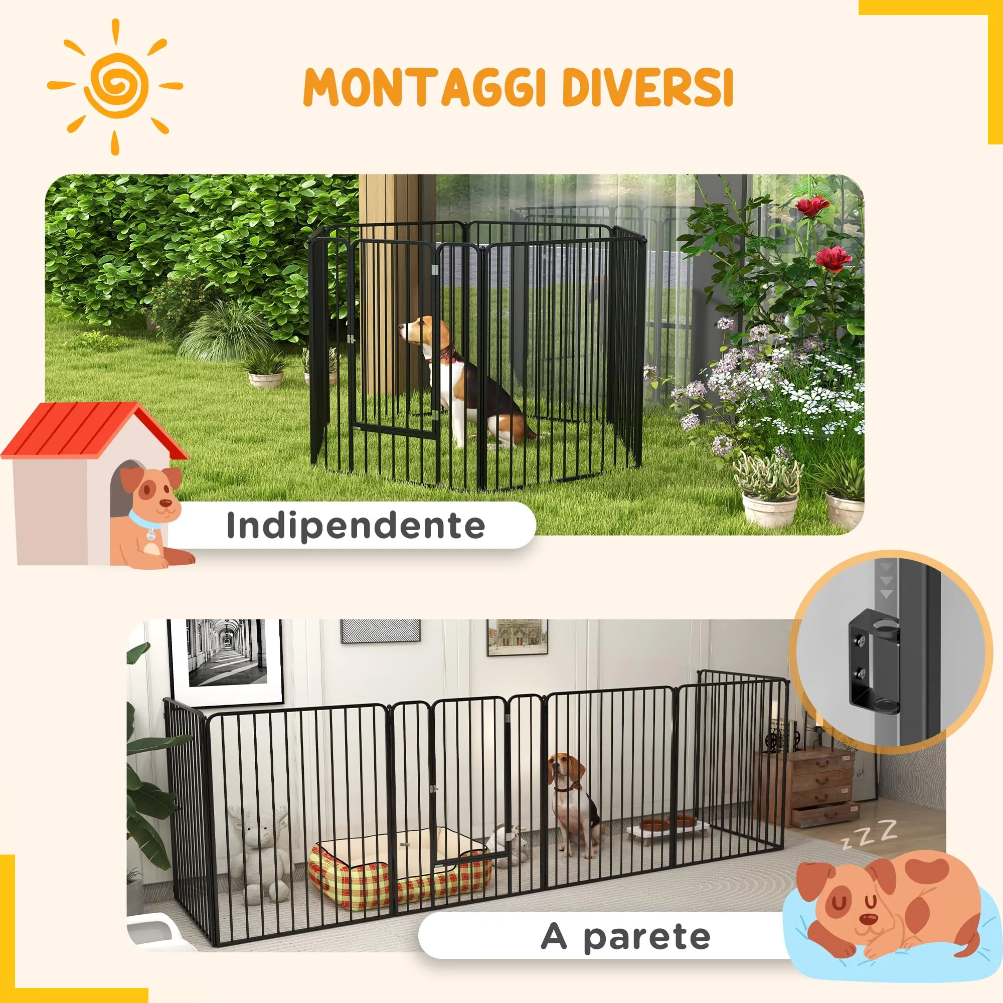 PawHut Box per Cani in Acciaio, 6 Pannelli Modulabili, 164x83x100 cm, Nero - immagine 6