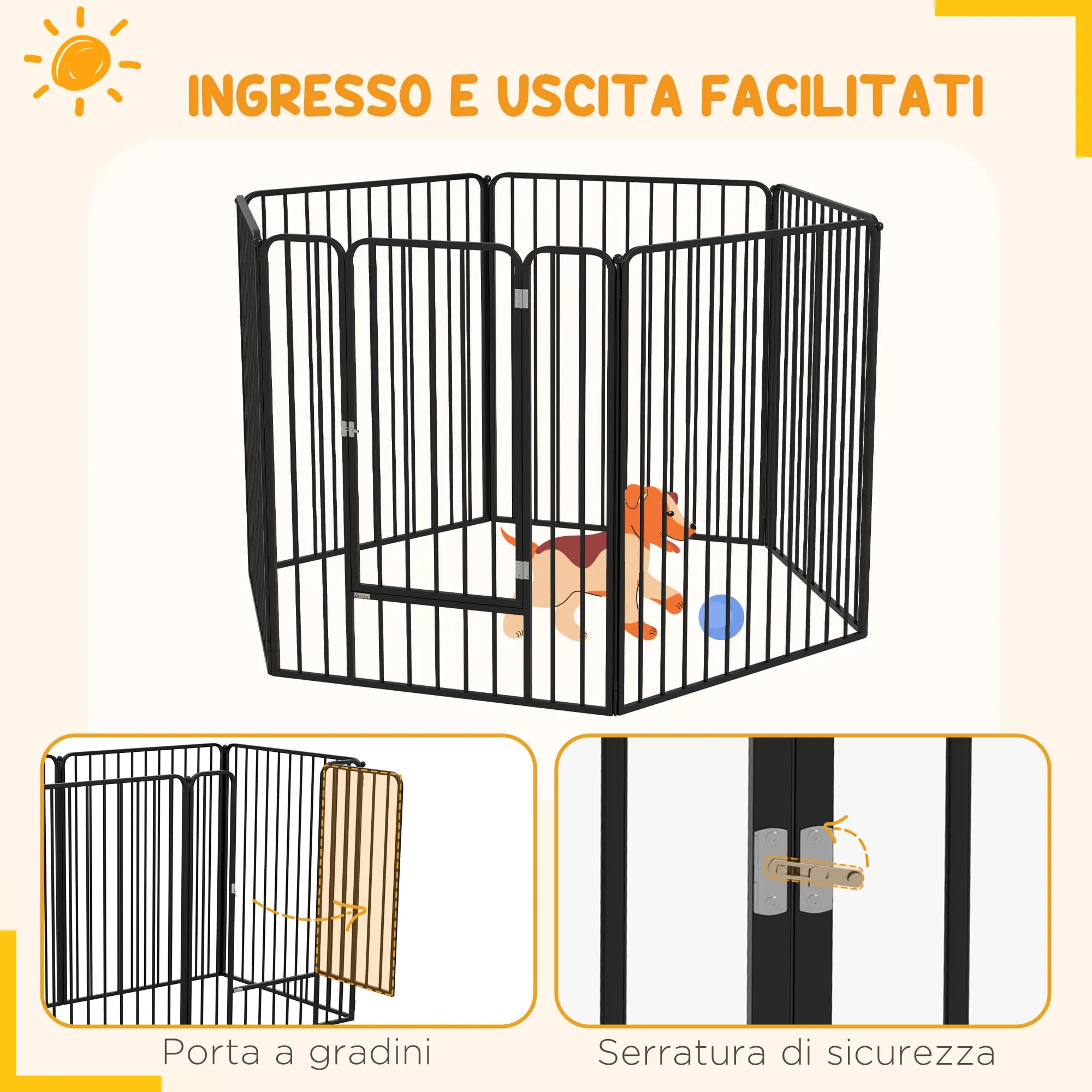 PawHut Box per Cani in Acciaio, 6 Pannelli Modulabili, 164x83x100 cm, Nero - immagine 7