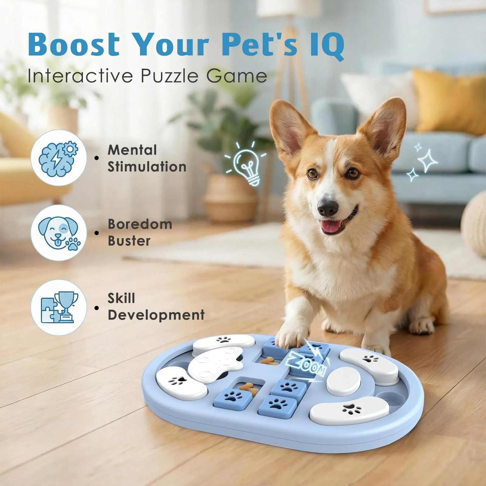 TRIGRAND Gioco di intelligenza per cani, alimentatore lento con squittio per allenamento e stimolazione cerebrale, Blu & Bianco - immagine 2