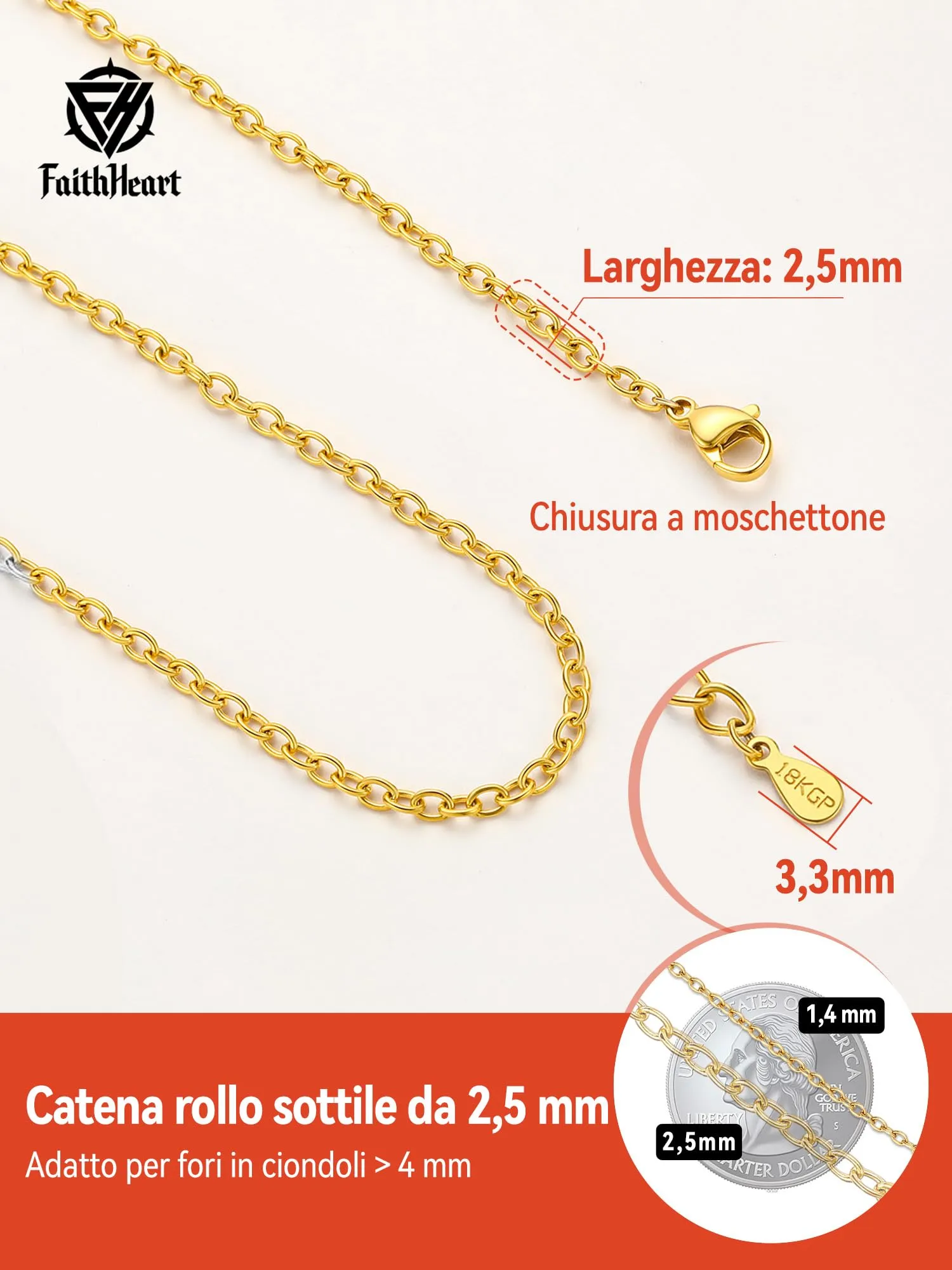 FaithHeart Catenina Donna in Acciaio Inox 316L Oro 2.5mm 60cm - immagine 3