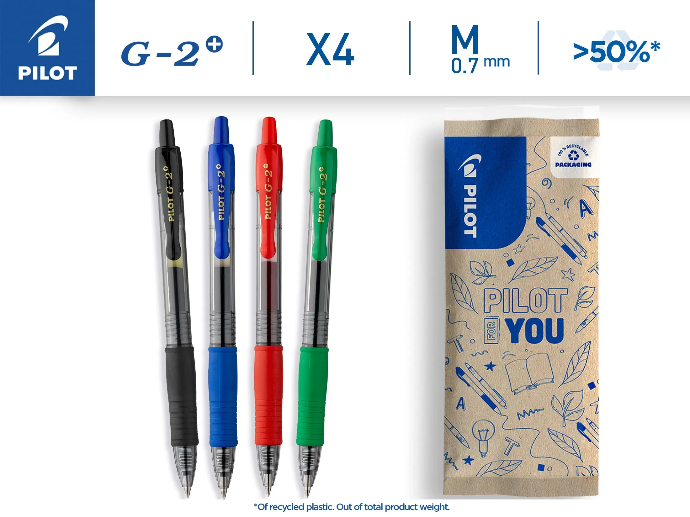Pilot G-2 07 Penne a sfera inchiostro gel 0,7 mm, assortite (nero, blu, rosso, verde), confezione da 4 - immagine 2
