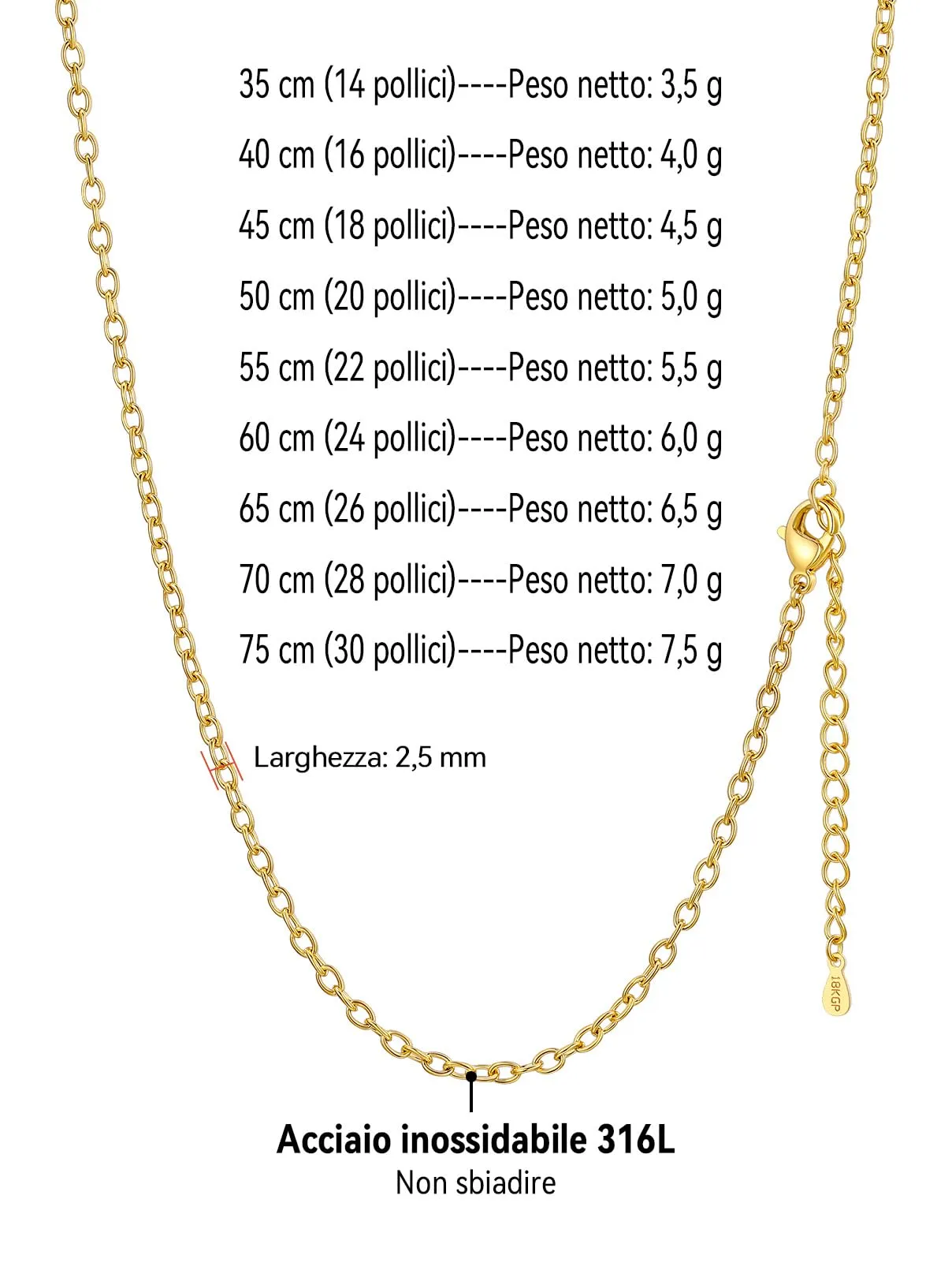 FaithHeart Catenina Donna in Acciaio Inox 316L Oro 2.5mm 55cm - immagine 9