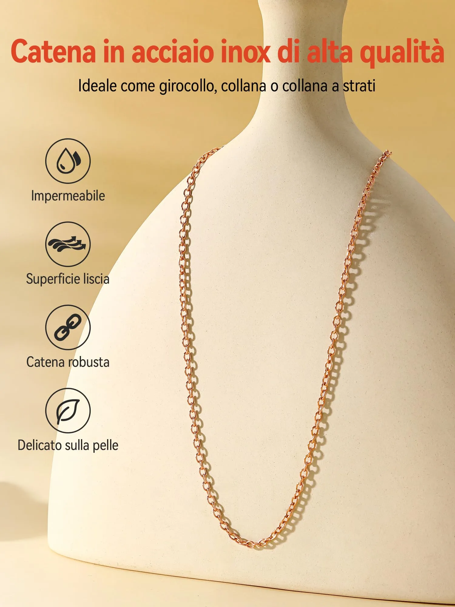FaithHeart Collana a Maglia Forzata in Acciaio Inossidabile Placcata Oro, 2 mm, 60 cm + 5 cm regolabile - immagine 3