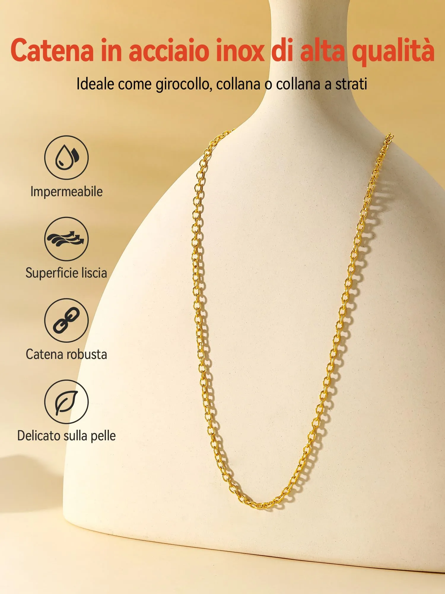 FaithHeart Catenina Donna in Acciaio Inox 316L, Oro, 2.5mm, 50cm - immagine 5