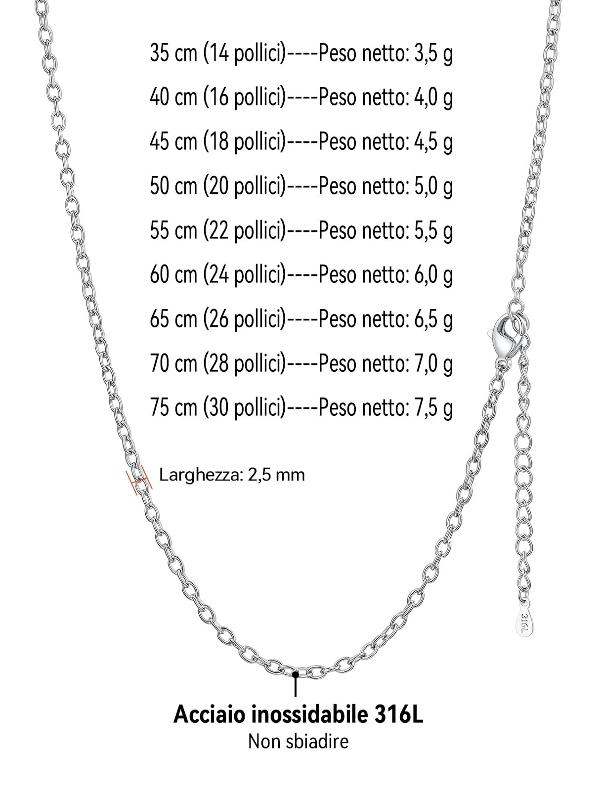FaithHeart Catenina Donna in Acciaio Inox 316L, Argento, 2.5mm, 55cm - immagine 8