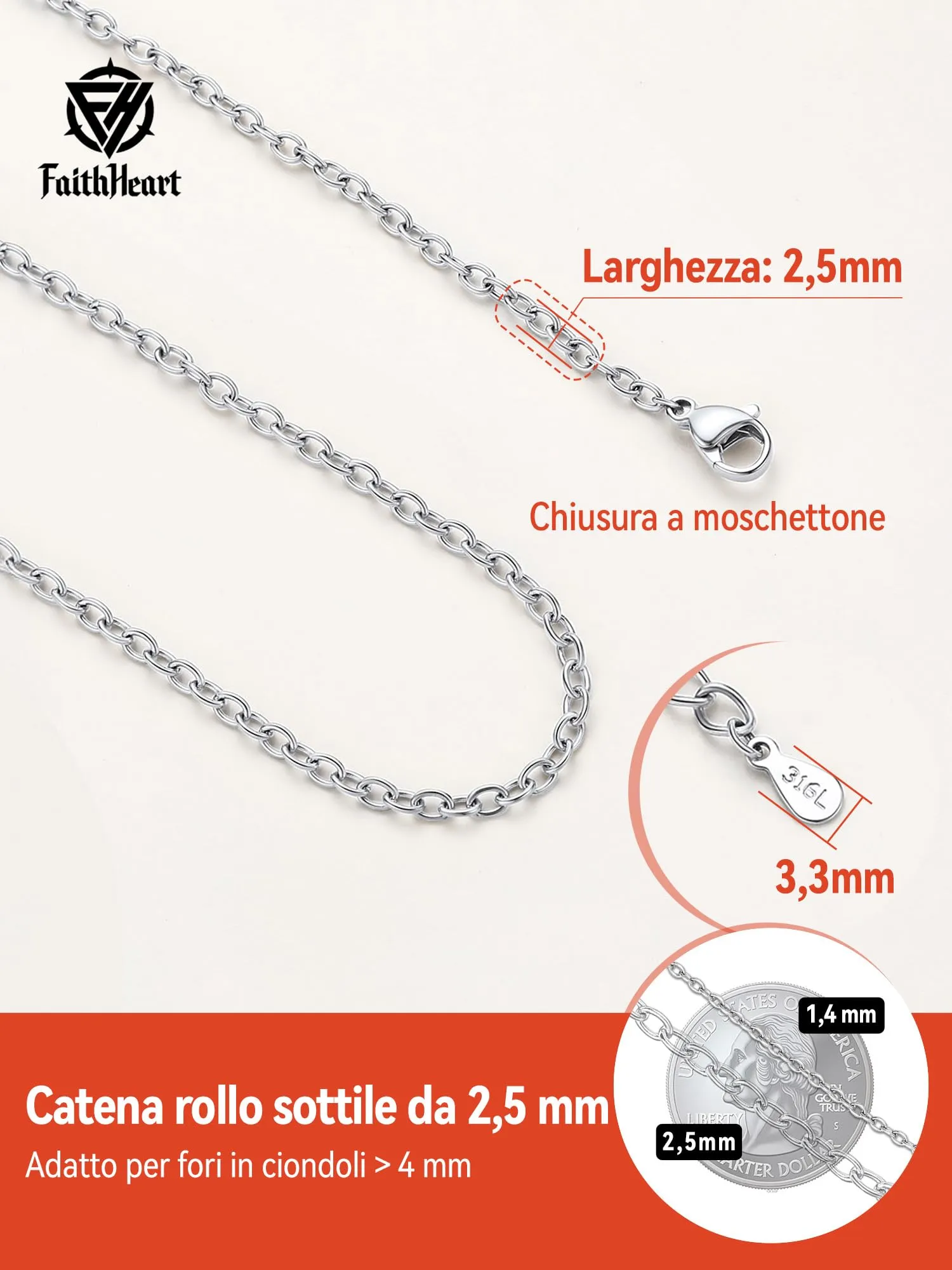 FaithHeart Catenina Donna in Acciaio Inox 316L, Argento, 2.5mm, 65cm - immagine 6