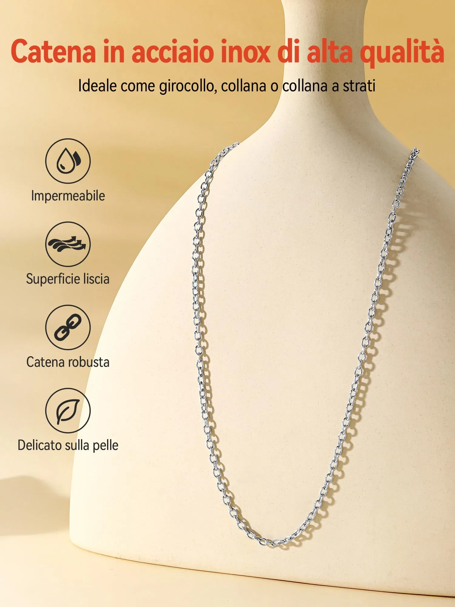 FaithHeart Catenina Donna in Acciaio Inox 316L, Argento, 2.5mm, 50cm - immagine 3