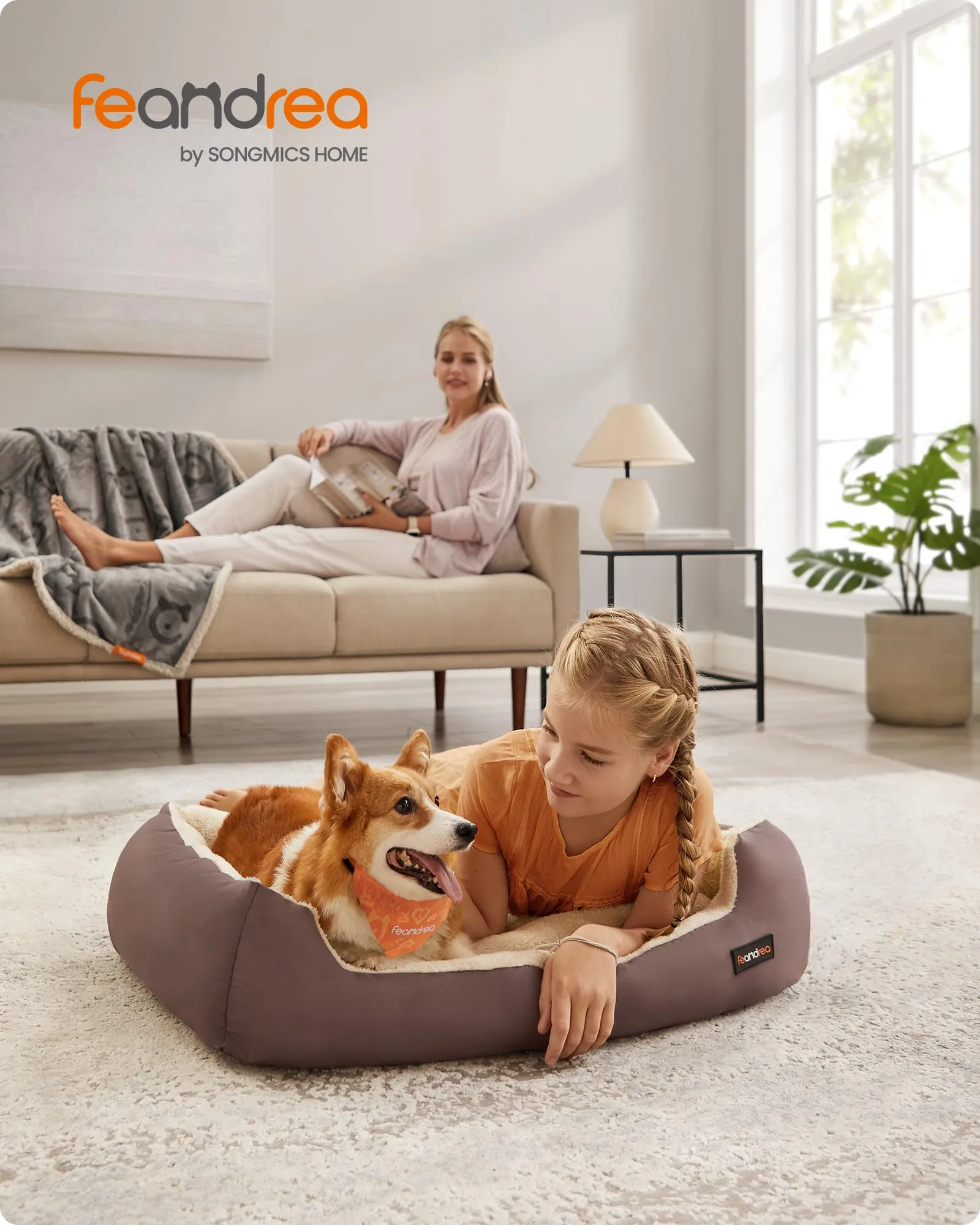Feandrea Cuccia Cane Interno con Tappeto Rimovibile e Reversibile, 85 x 65 x 21 cm, Marrone Caffè + Beige Sabbia - immagine 2