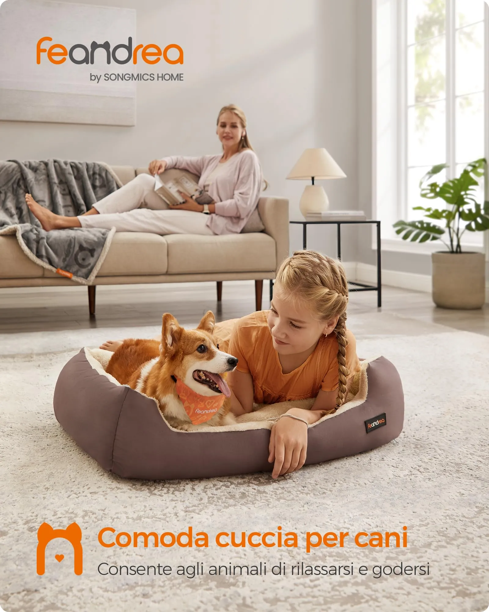 Feandrea Cuccia Cane Interno con Tappeto Rimovibile e Reversibile, 85 x 65 x 21 cm, Marrone Caffè + Beige Sabbia - immagine 3