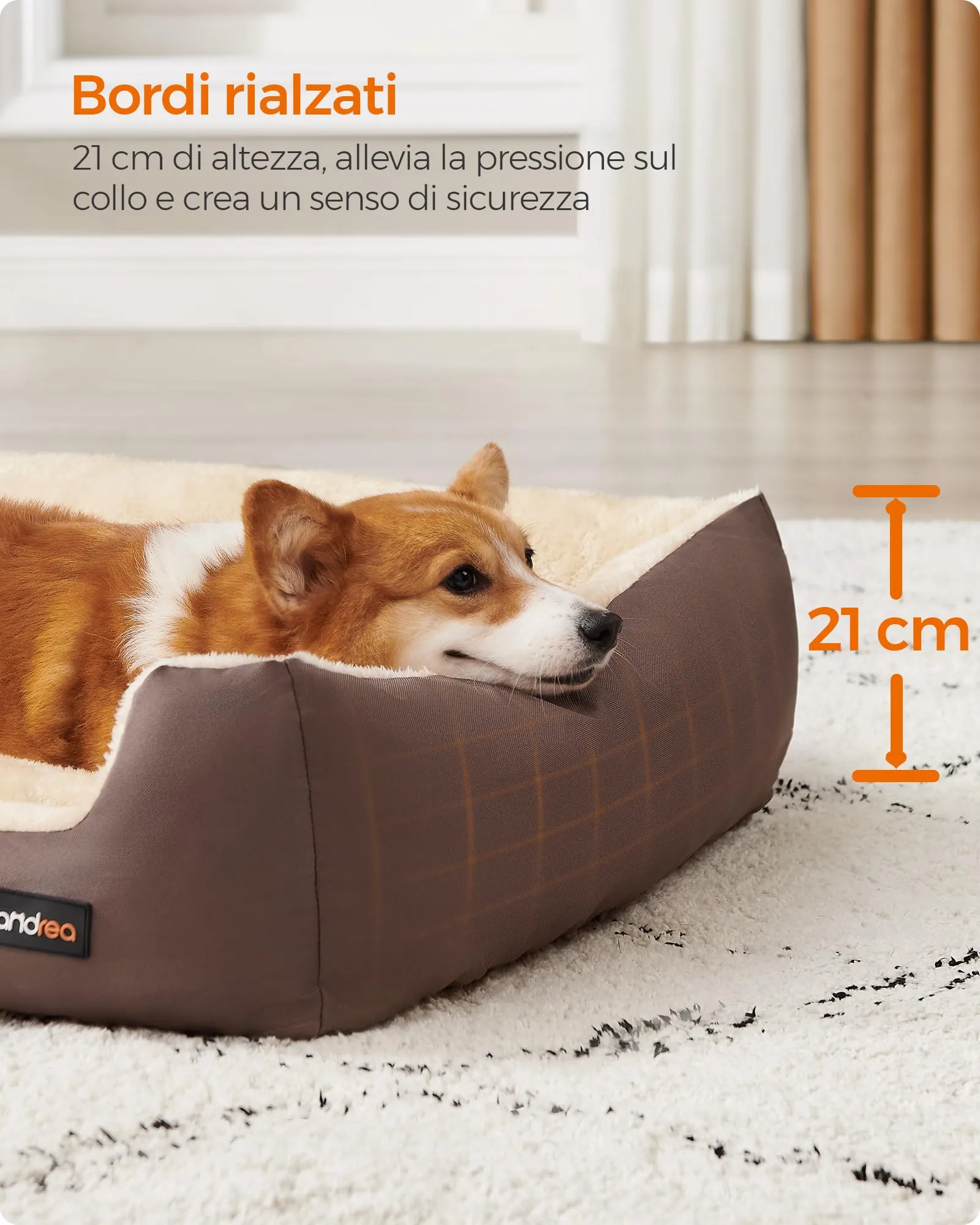 Feandrea Cuccia Cane Interno con Tappeto Rimovibile e Reversibile, 85 x 65 x 21 cm, Marrone Caffè + Beige Sabbia - immagine 4