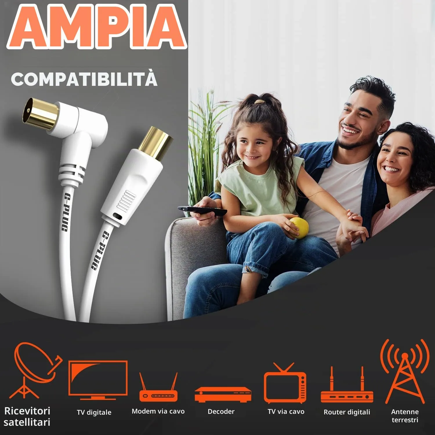 G-PLUG Cavo Antenna TV Maschio-Maschio 5m, Prolunga Cavo Coassiale Bianco GD-AER-5M - immagine 2