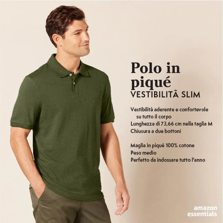 Amazon Essentials Polo in Piqué di Cotone Slim Uomo, Verde Oliva, M - immagine 2