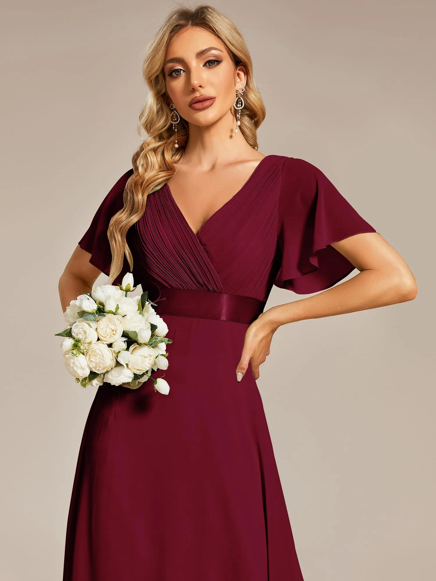 Ever-Pretty Vestito da Damigella Donna Stile Impero Linea ad A Scollo a V Maniche Corte Lungo Borgogna 56 - immagine 2
