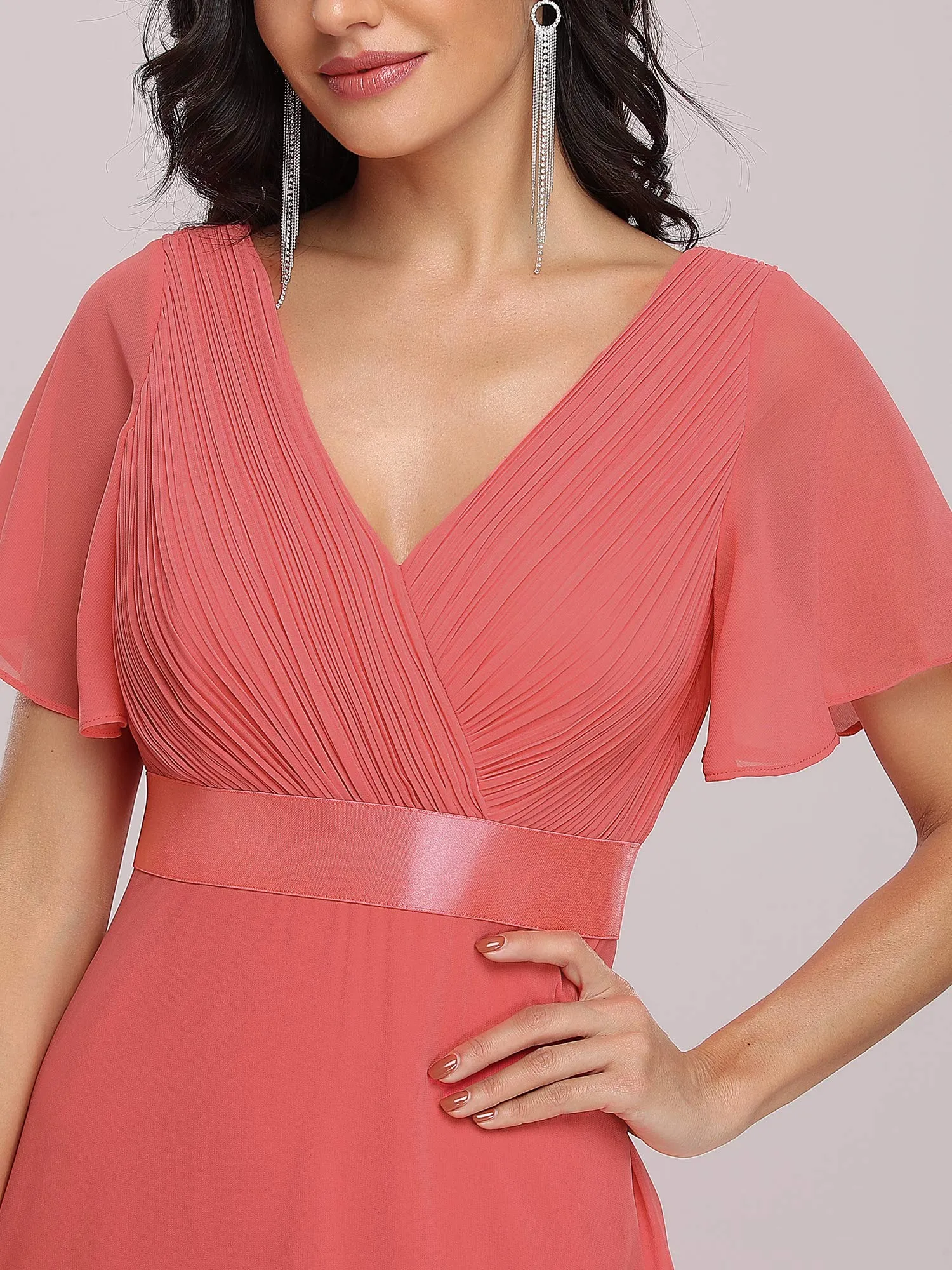 Ever-Pretty Abito da Damigella Donna Stile Impero Linea ad A Scollo a V Maniche Corte Lungo Corallo 50 - immagine 3