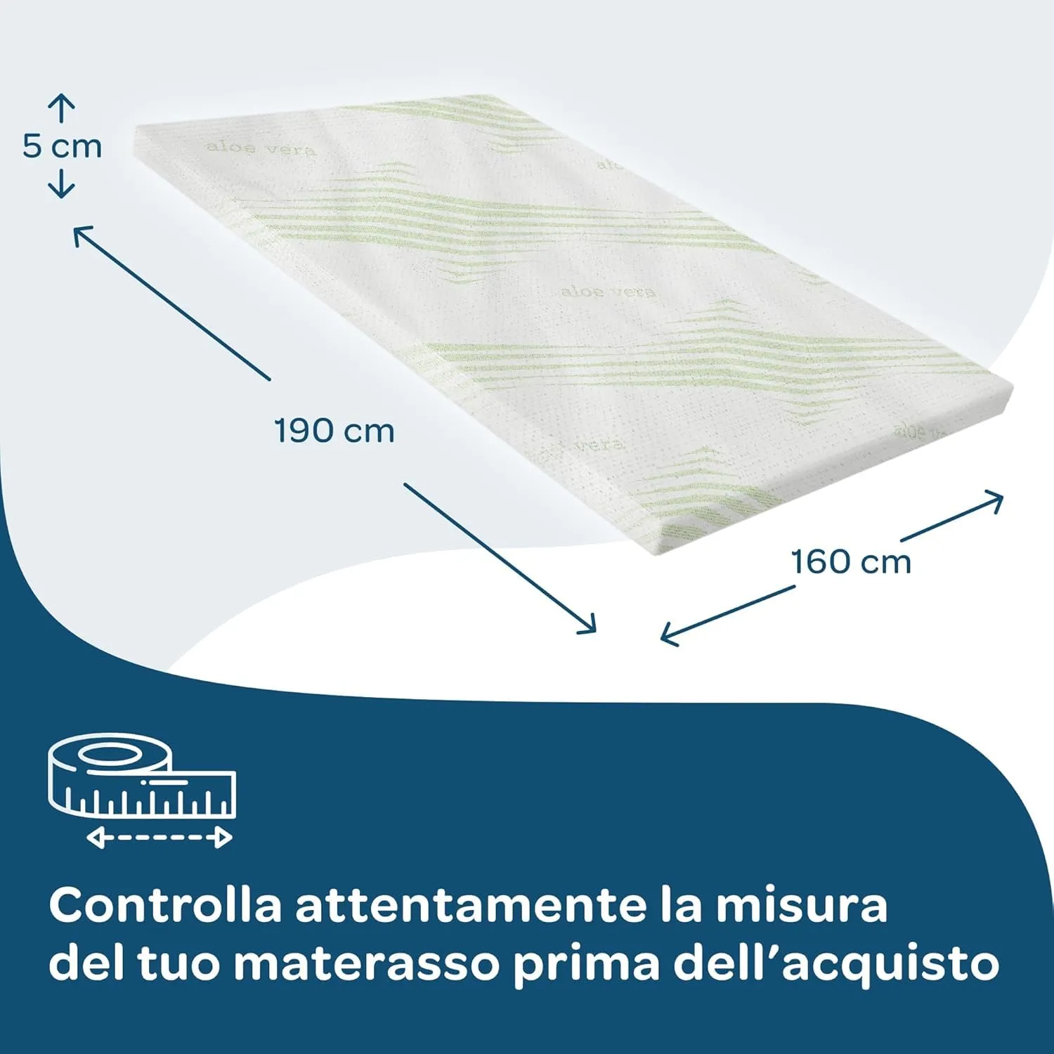 Dolci Sogni Topper Memory Foam 160x190 cm, Altezza 5 cm, Rivestimento in Aloe Vera, Made in Italy - immagine 8