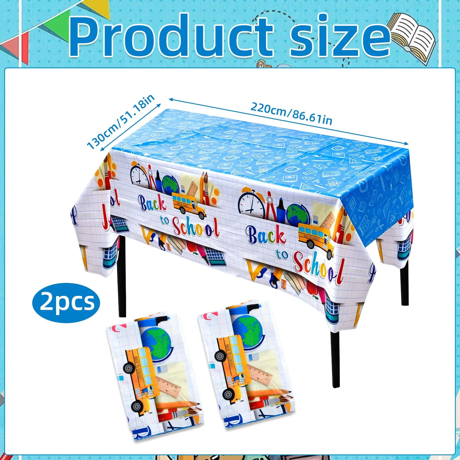 MIANRUII Set 2 Tovaglie Back to School, 220 x 130 cm, Design Scuolabus e Cancelleria, Bianco - immagine 2
