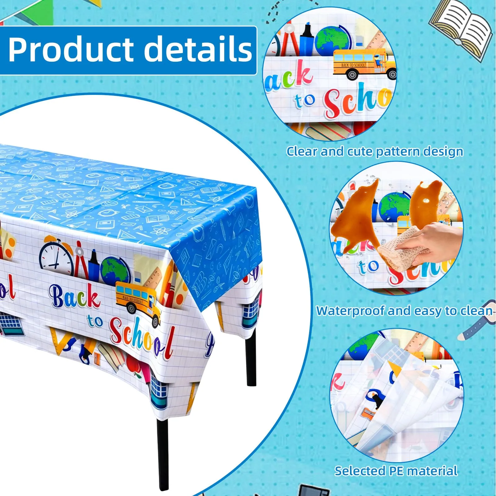 MIANRUII Set 2 Tovaglie Back to School, 220 x 130 cm, Design Scuolabus e Cancelleria, Bianco - immagine 3