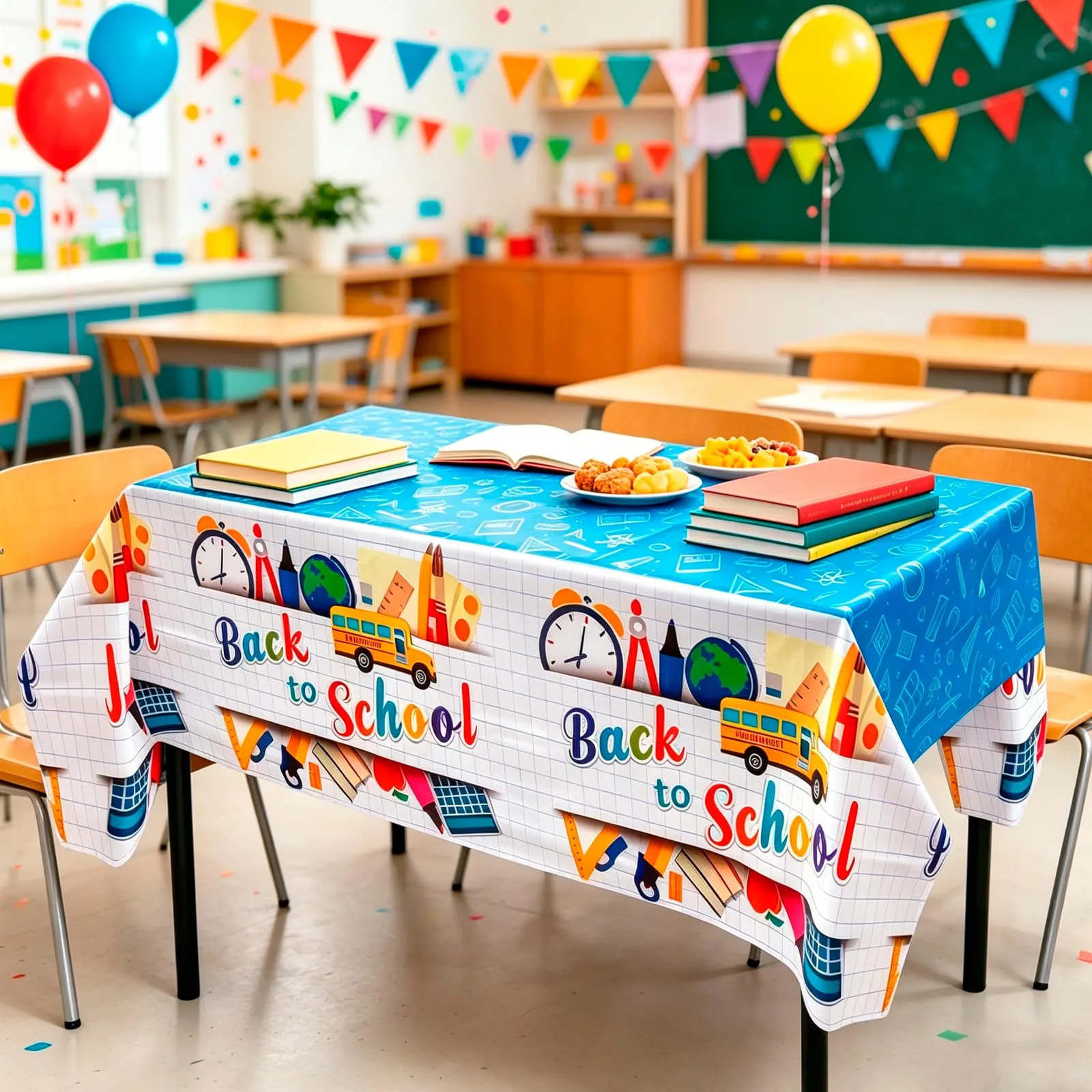 MIANRUII Set 2 Tovaglie Back to School, 220 x 130 cm, Design Scuolabus e Cancelleria, Bianco - immagine 4