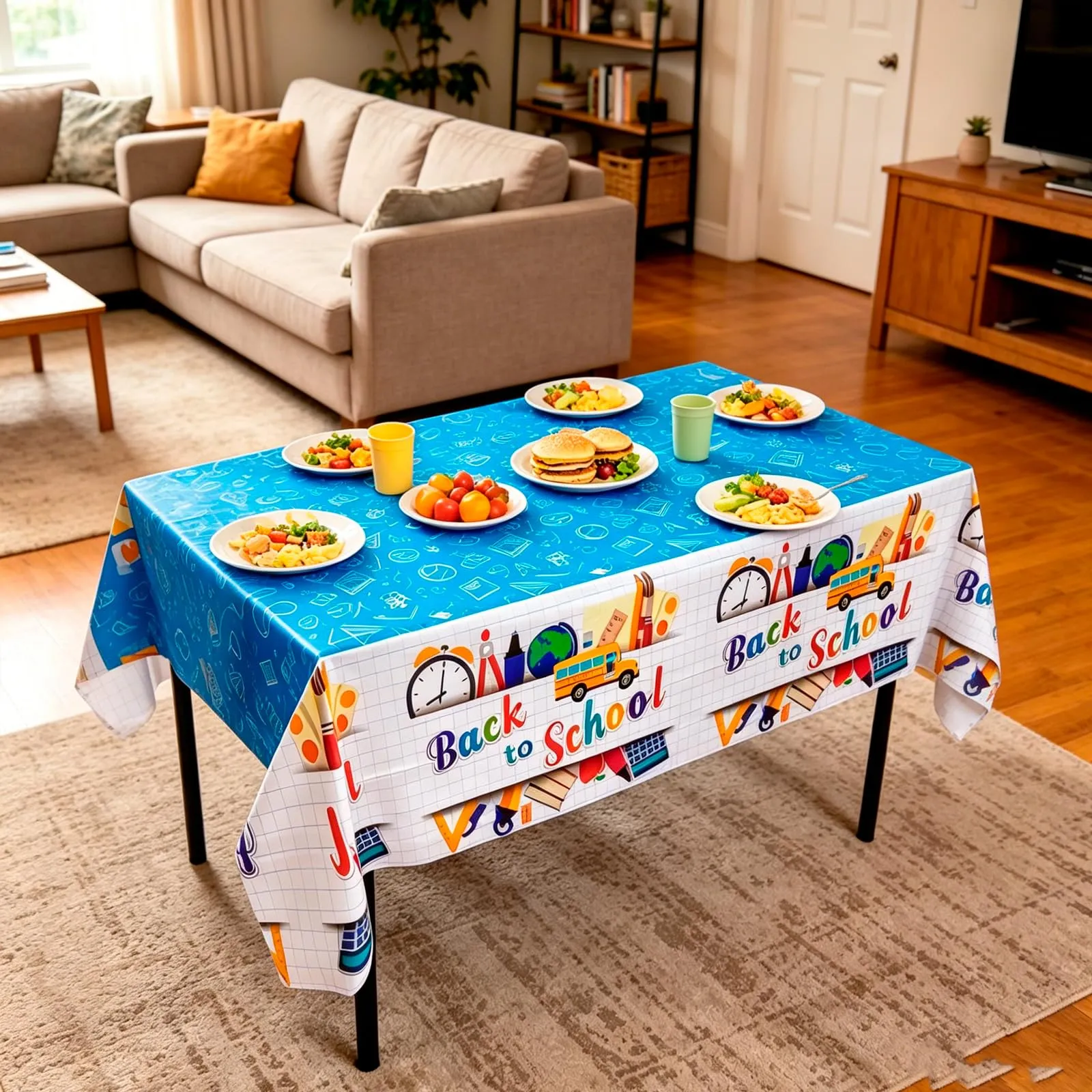 MIANRUII Set 2 Tovaglie Back to School, 220 x 130 cm, Design Scuolabus e Cancelleria, Bianco - immagine 6