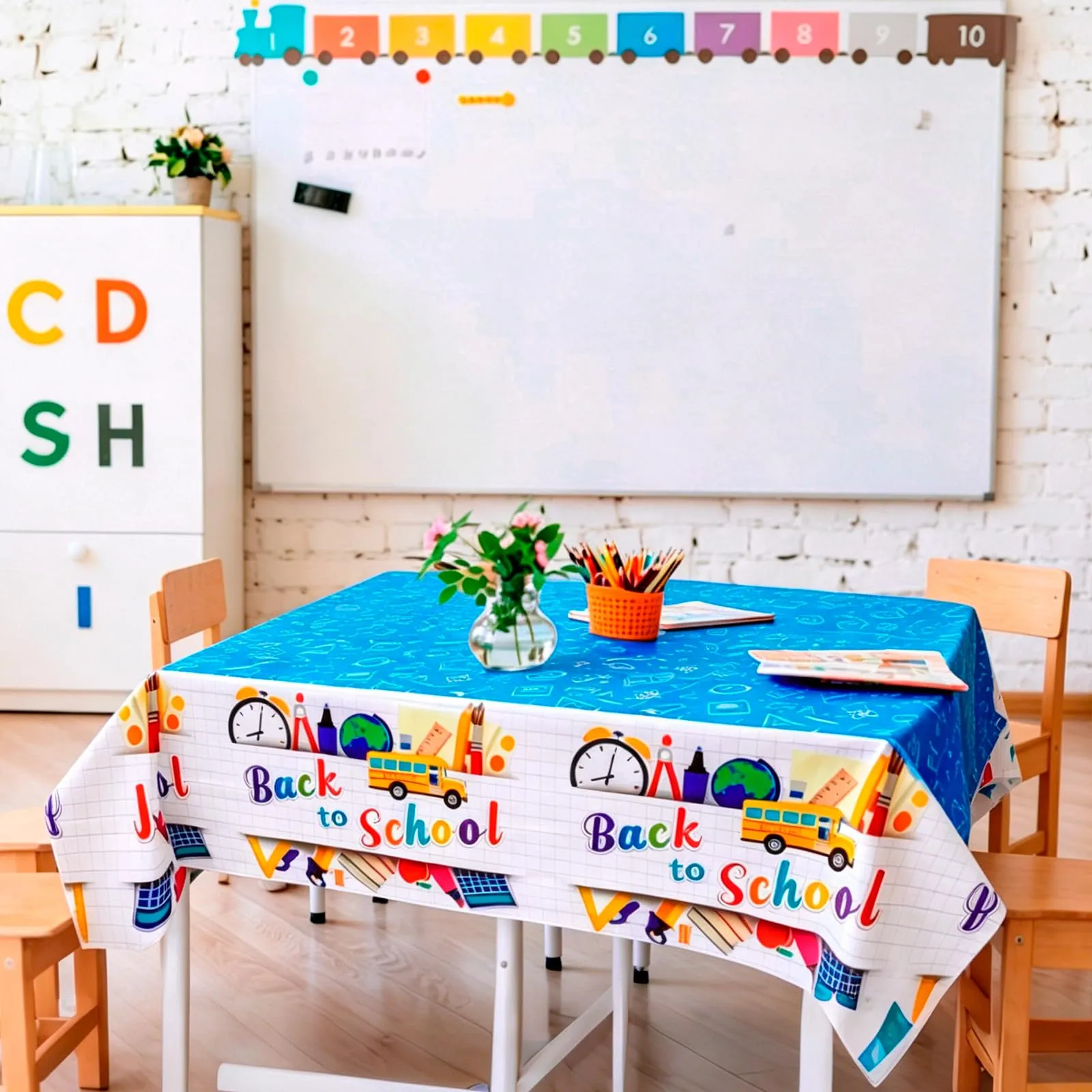 MIANRUII Set 2 Tovaglie Back to School, 220 x 130 cm, Design Scuolabus e Cancelleria, Bianco - immagine 7
