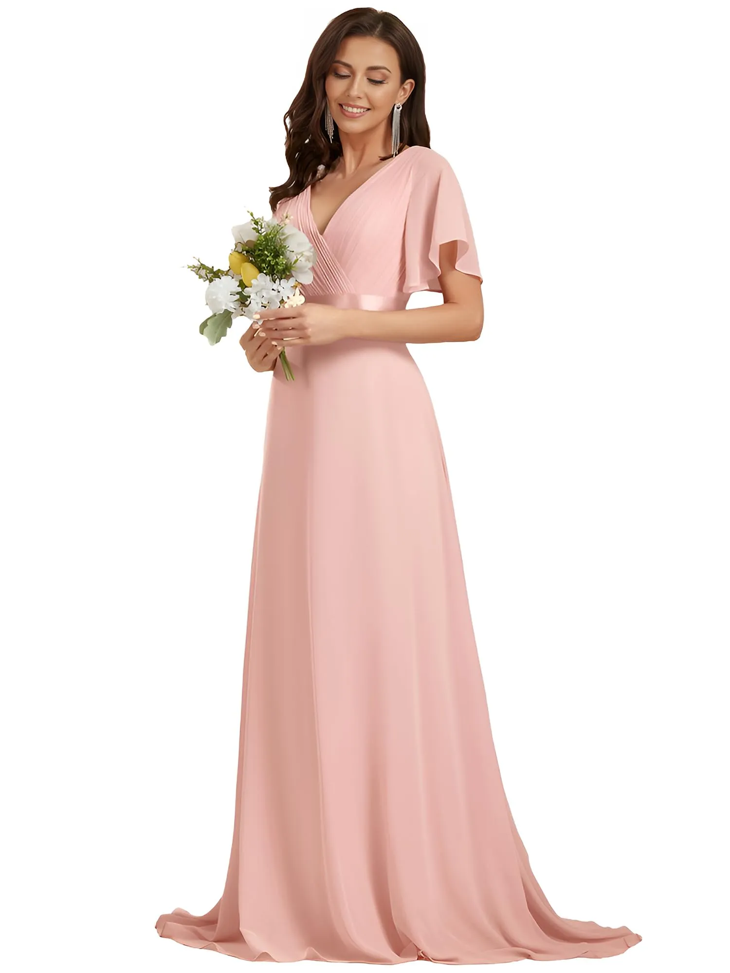 Ever-Pretty Abito da Damigella Donna Stile Impero Linea ad A Scollo a V Maniche Corte Lungo Rosa 58 - immagine 1