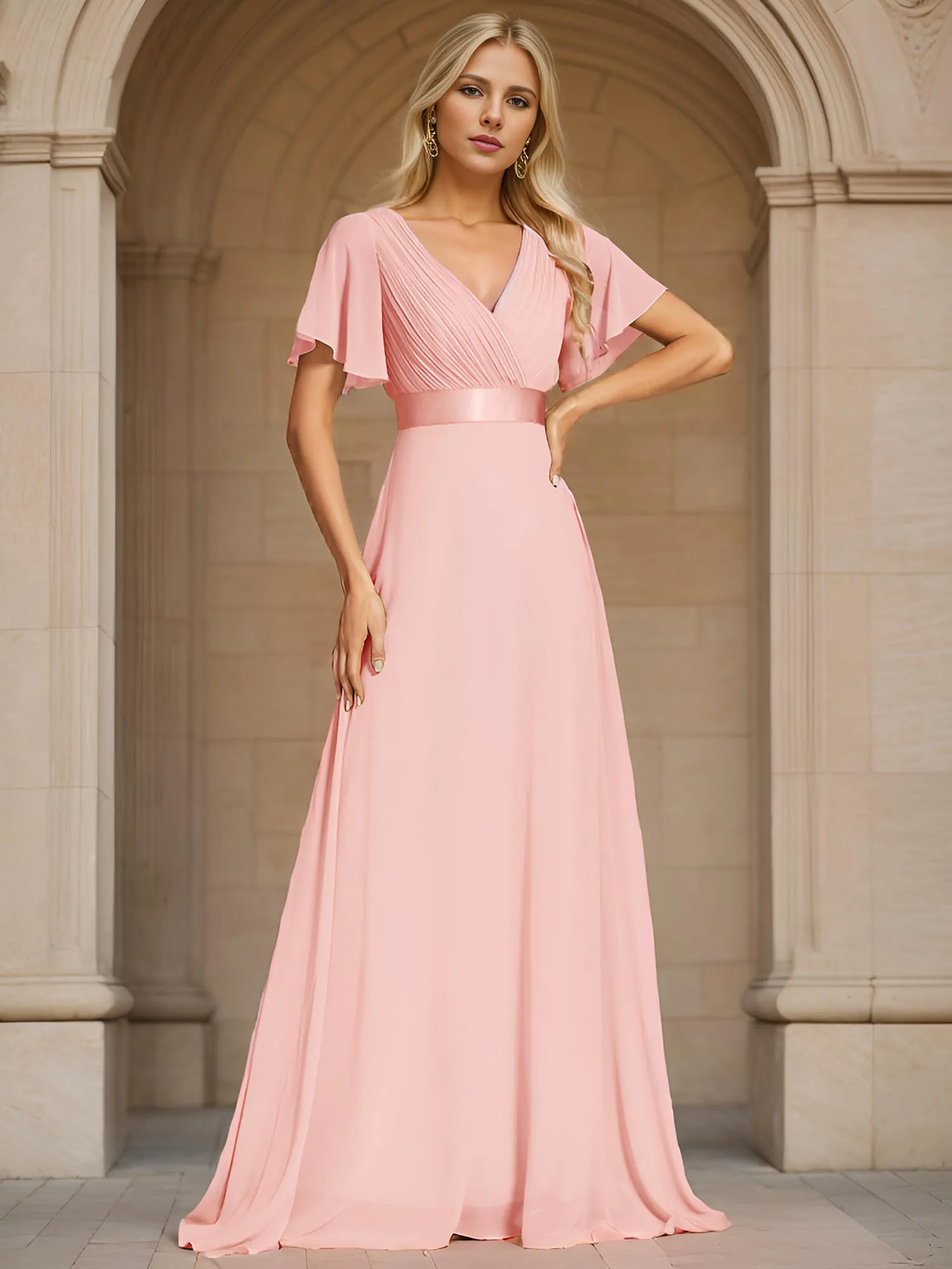 Ever-Pretty Abito da Damigella Donna Stile Impero Linea ad A Scollo a V Maniche Corte Lungo Rosa 58 - immagine 2
