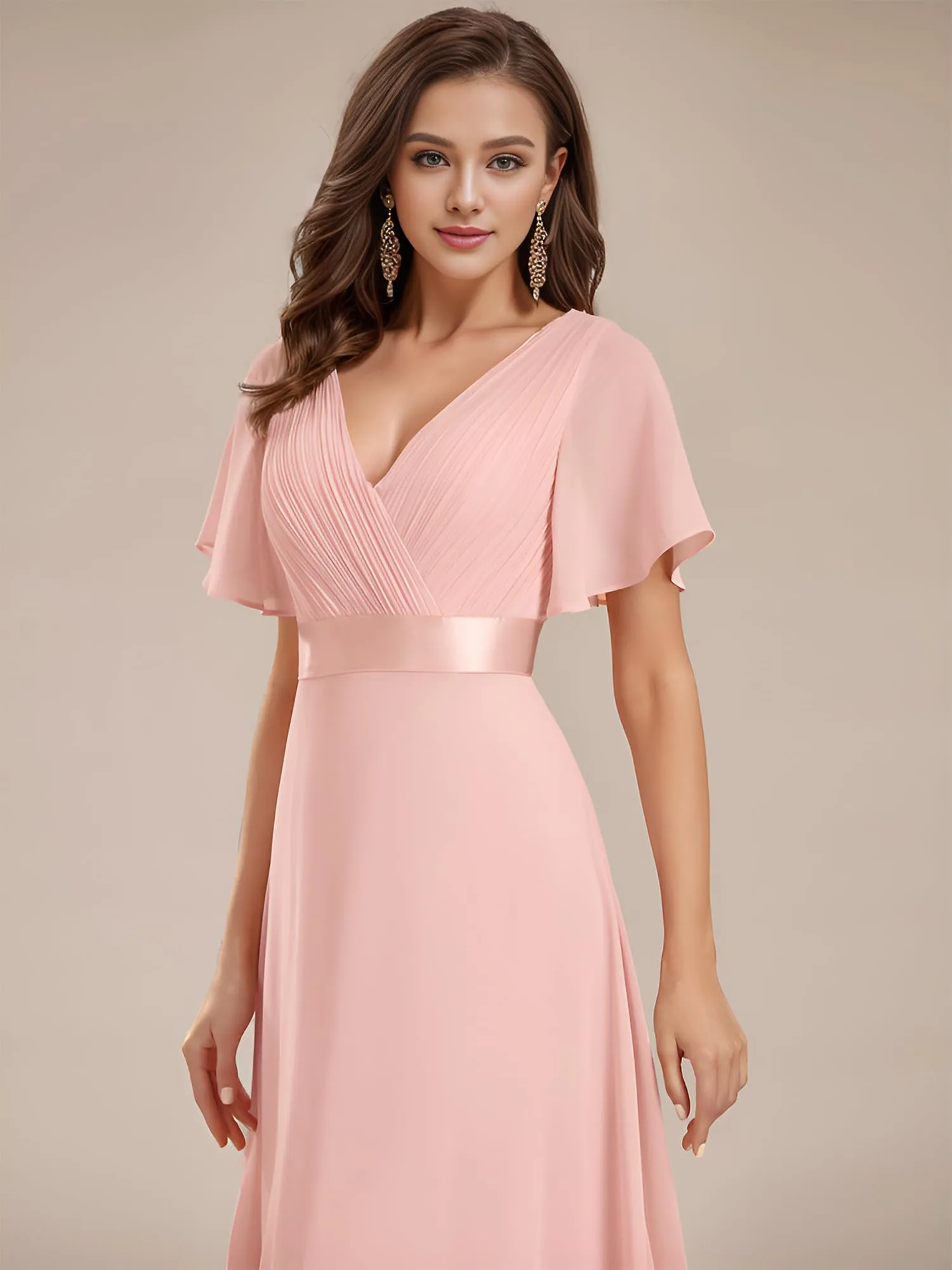 Ever-Pretty Abito da Damigella Donna Stile Impero Linea ad A Scollo a V Maniche Corte Lungo Rosa 58 - immagine 3