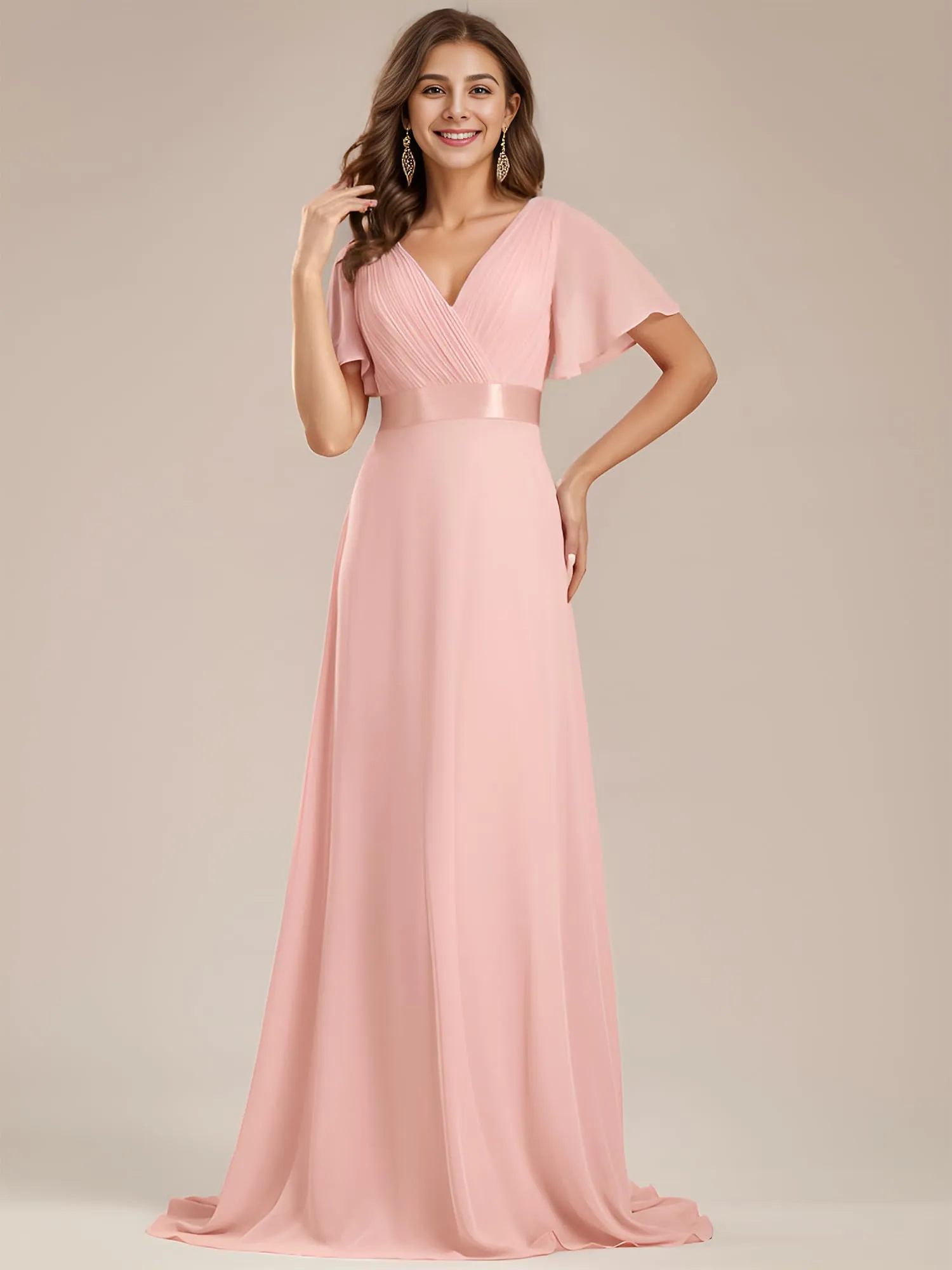 Ever-Pretty Abito da Damigella Donna Stile Impero Linea ad A Scollo a V Maniche Corte Lungo Rosa 58 - immagine 4