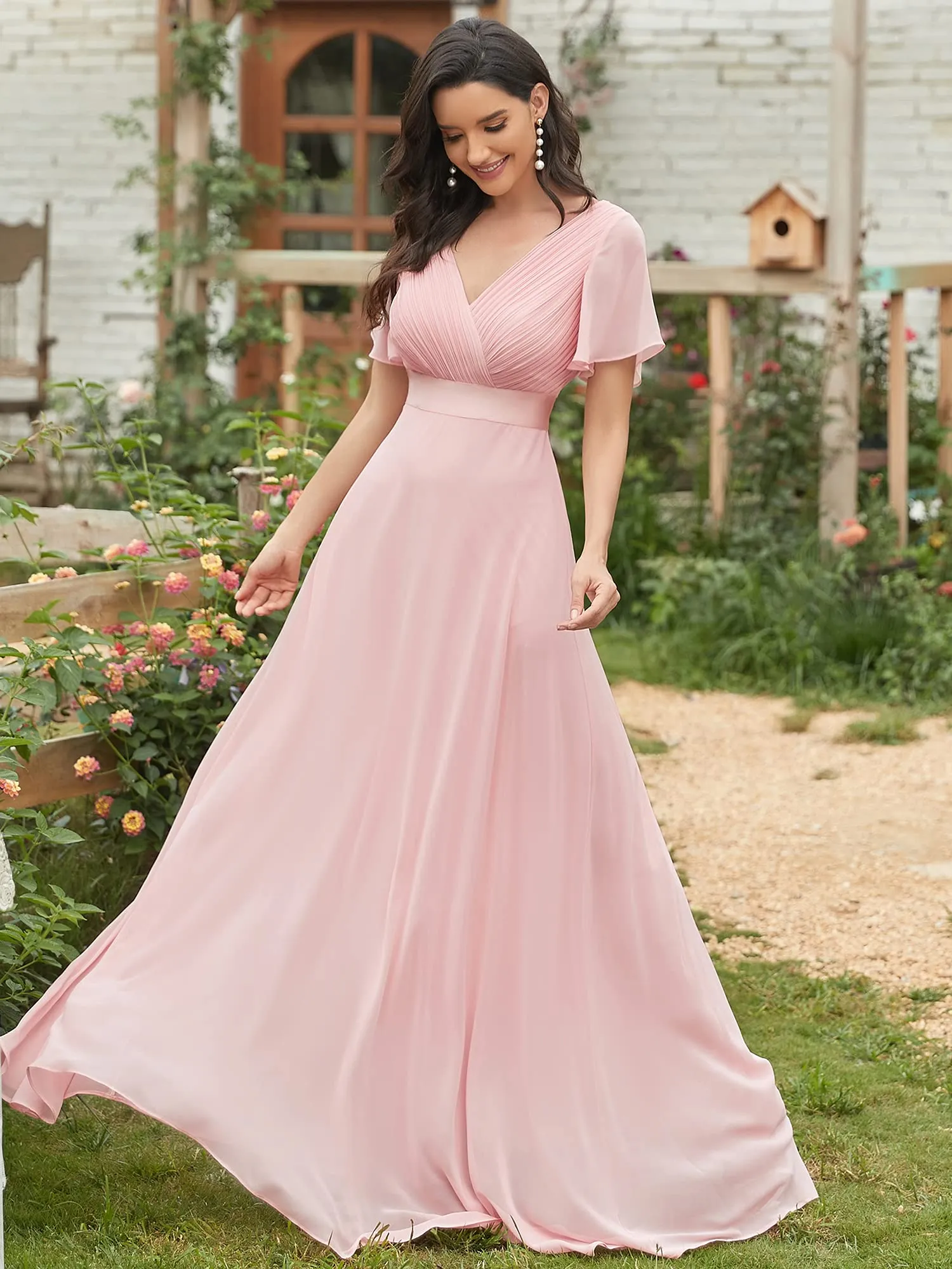 Ever-Pretty Abito da Damigella Donna Stile Impero Linea ad A Scollo a V Maniche Corte Lungo Rosa 58 - immagine 7