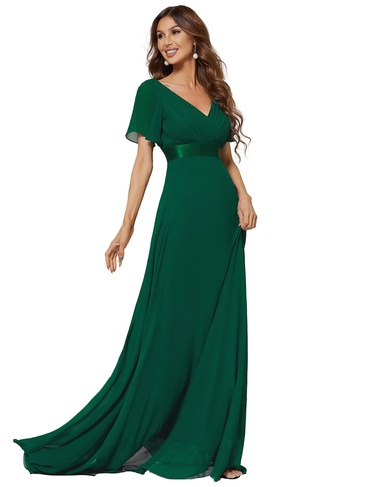 Ever-Pretty Abito da Sera Donna Stile Impero Linea ad A Scollo a V Maniche Corte Lungo Verde Scuro 58 - immagine 1