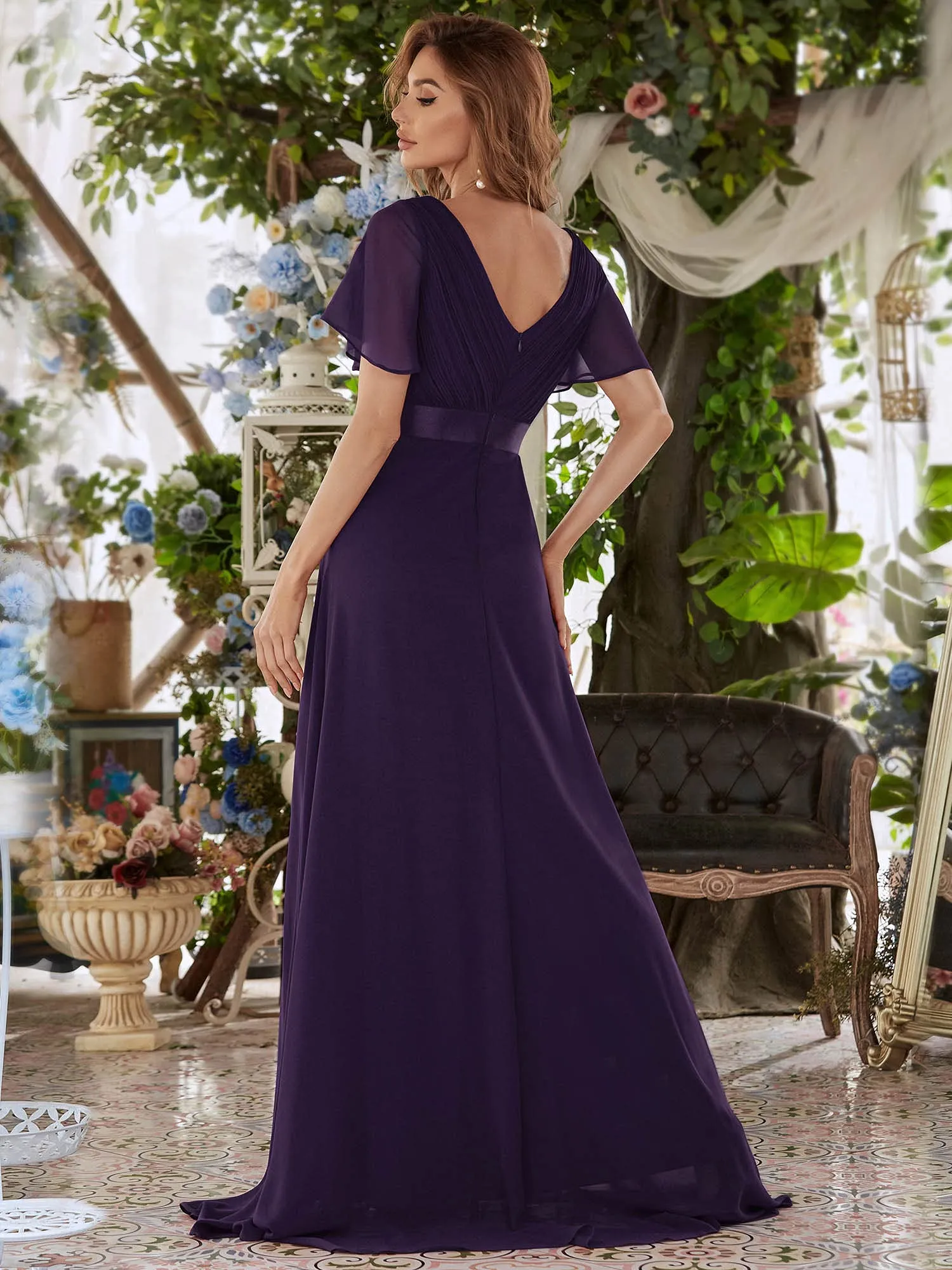Ever-Pretty Abito da Sera Donna Stile Impero Linea ad A Scollo a V Maniche Corte Lungo Viola Scuro 58 - immagine 3