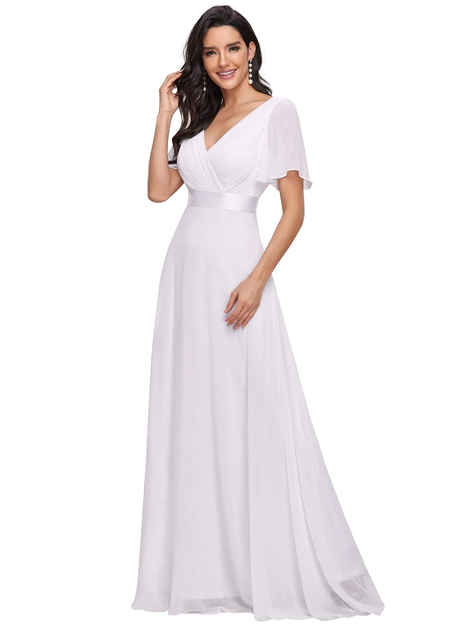 Ever-Pretty Vestito da Sposa Donna Stile Impero Linea ad A Scollo a V Maniche Corte Lungo Bianco 58 - immagine 1