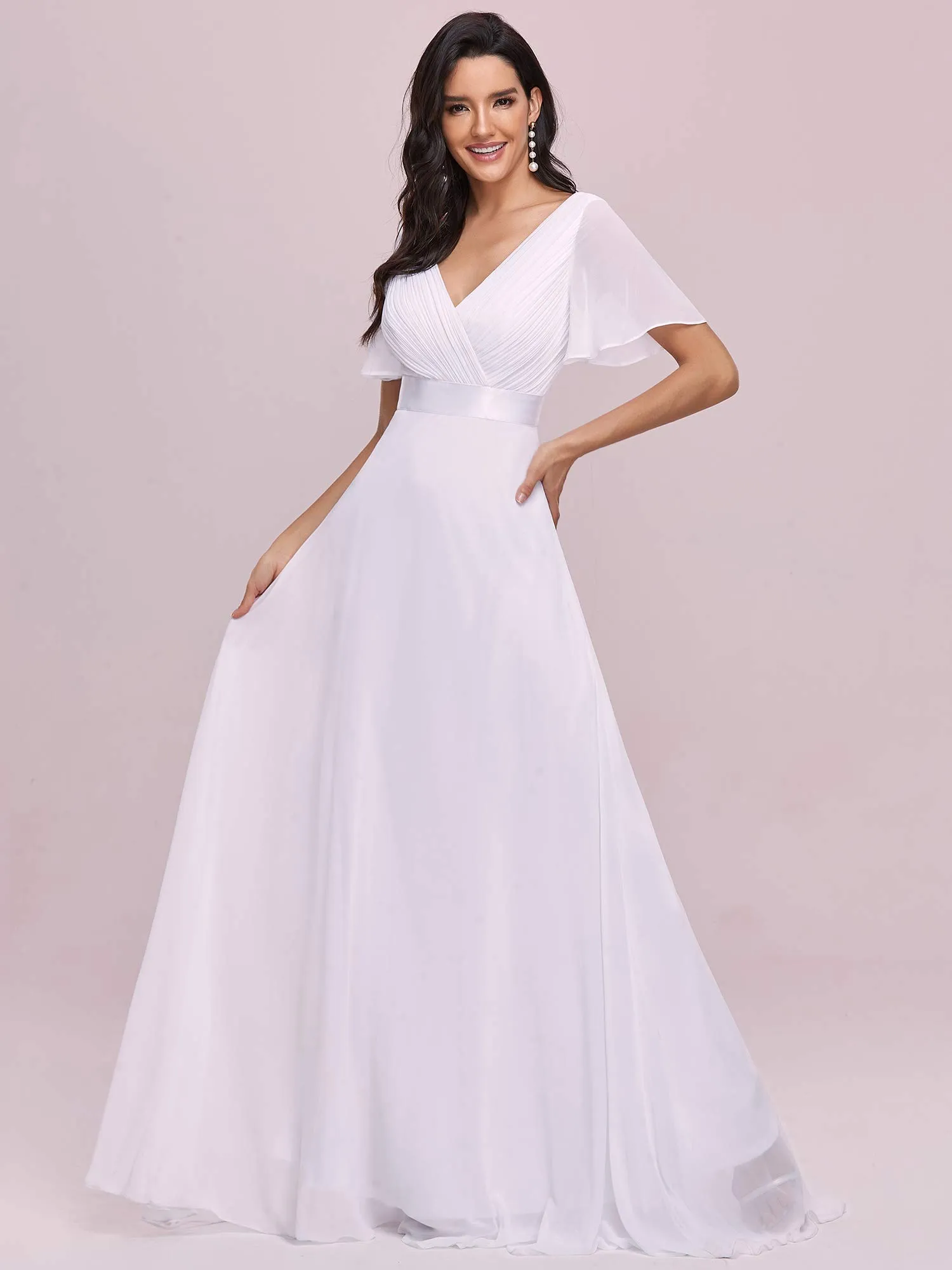 Ever-Pretty Vestito da Sposa Donna Stile Impero Linea ad A Scollo a V Maniche Corte Lungo Bianco 58 - immagine 6