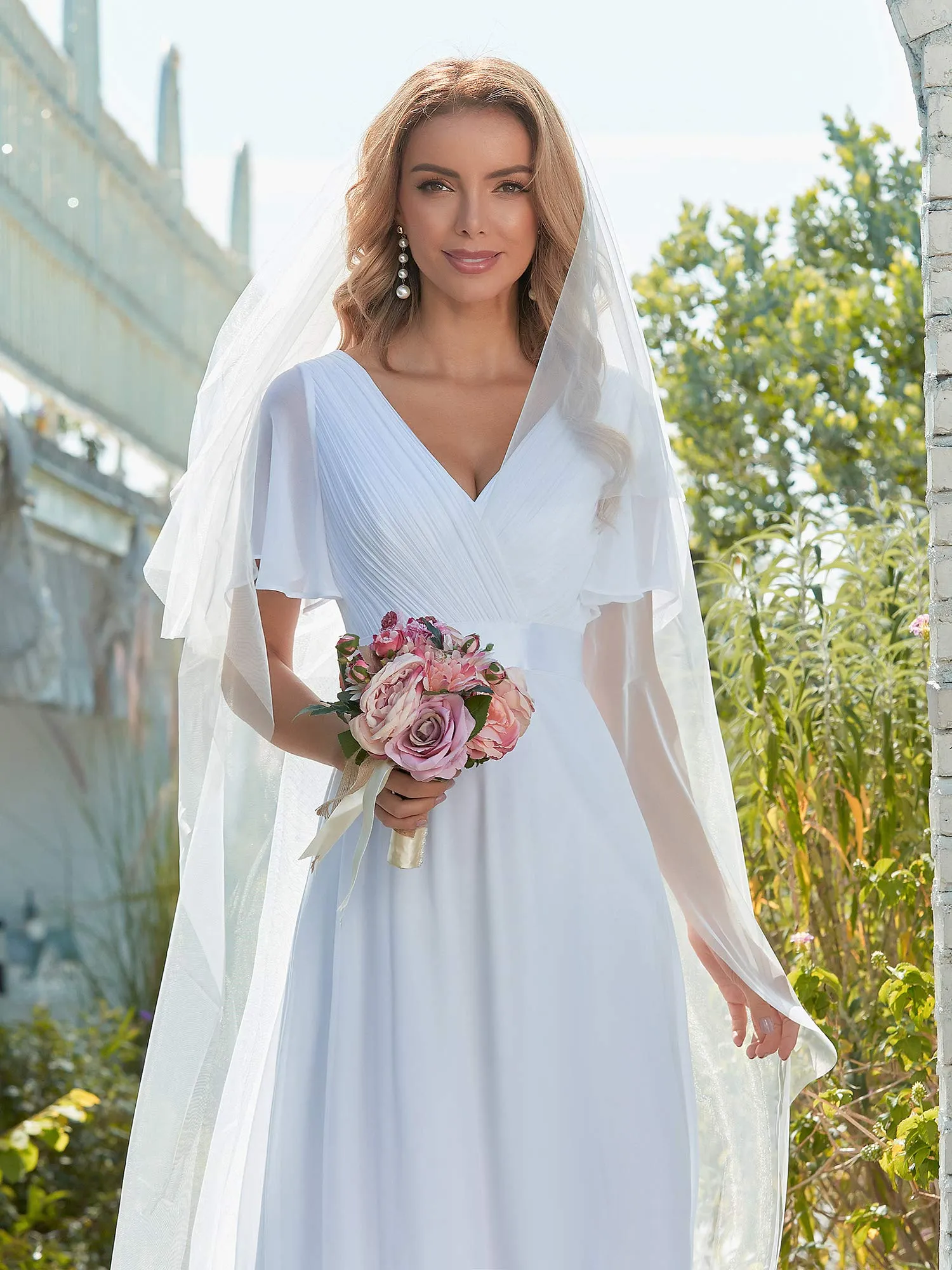Ever-Pretty Vestito da Sposa Donna Stile Impero Linea ad A Scollo a V Maniche Corte Lungo Bianco 58 - immagine 7