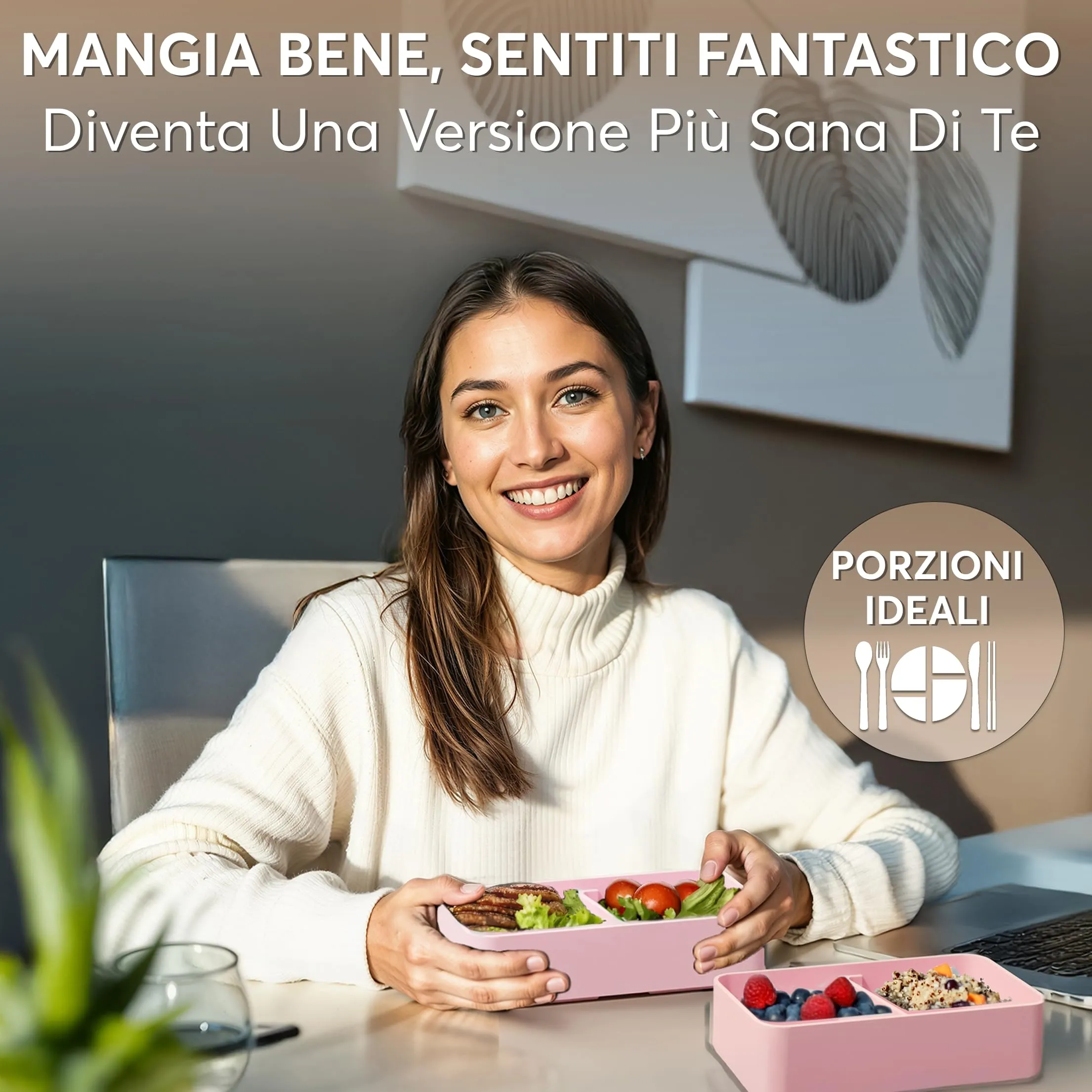 Umami Bento Box Porta Pranzo Ermetico con Scomparti, 1200 ml, Rosa Kawaii, con 4 Posate e 2 Contenitori per Salsa - immagine 2