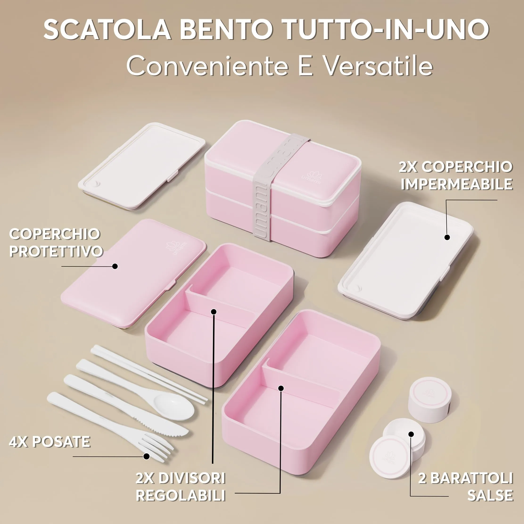 Umami Bento Box Porta Pranzo Ermetico con Scomparti, 1200 ml, Rosa Kawaii, con 4 Posate e 2 Contenitori per Salsa - immagine 3