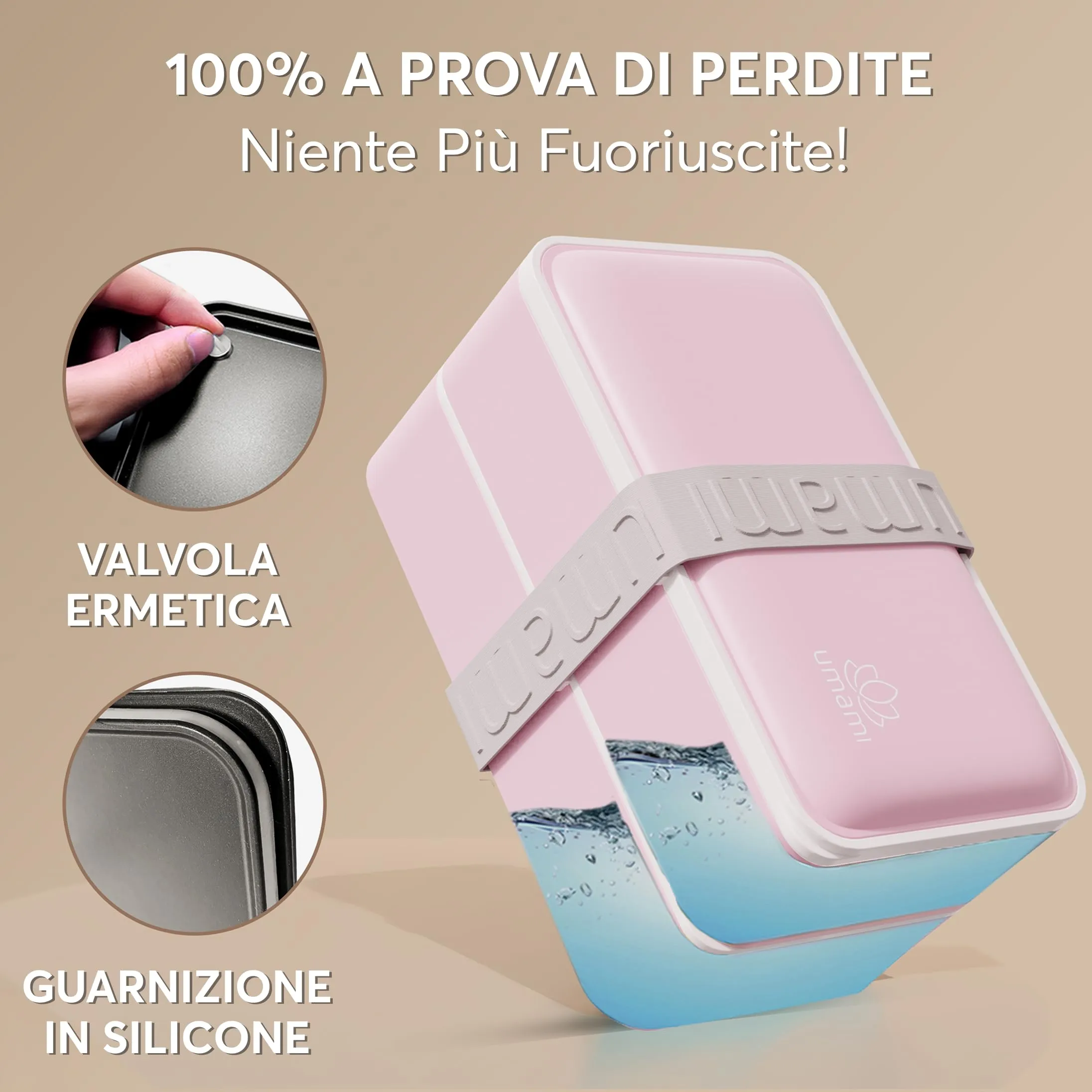 Umami Bento Box Porta Pranzo Ermetico con Scomparti, 1200 ml, Rosa Kawaii, con 4 Posate e 2 Contenitori per Salsa - immagine 4