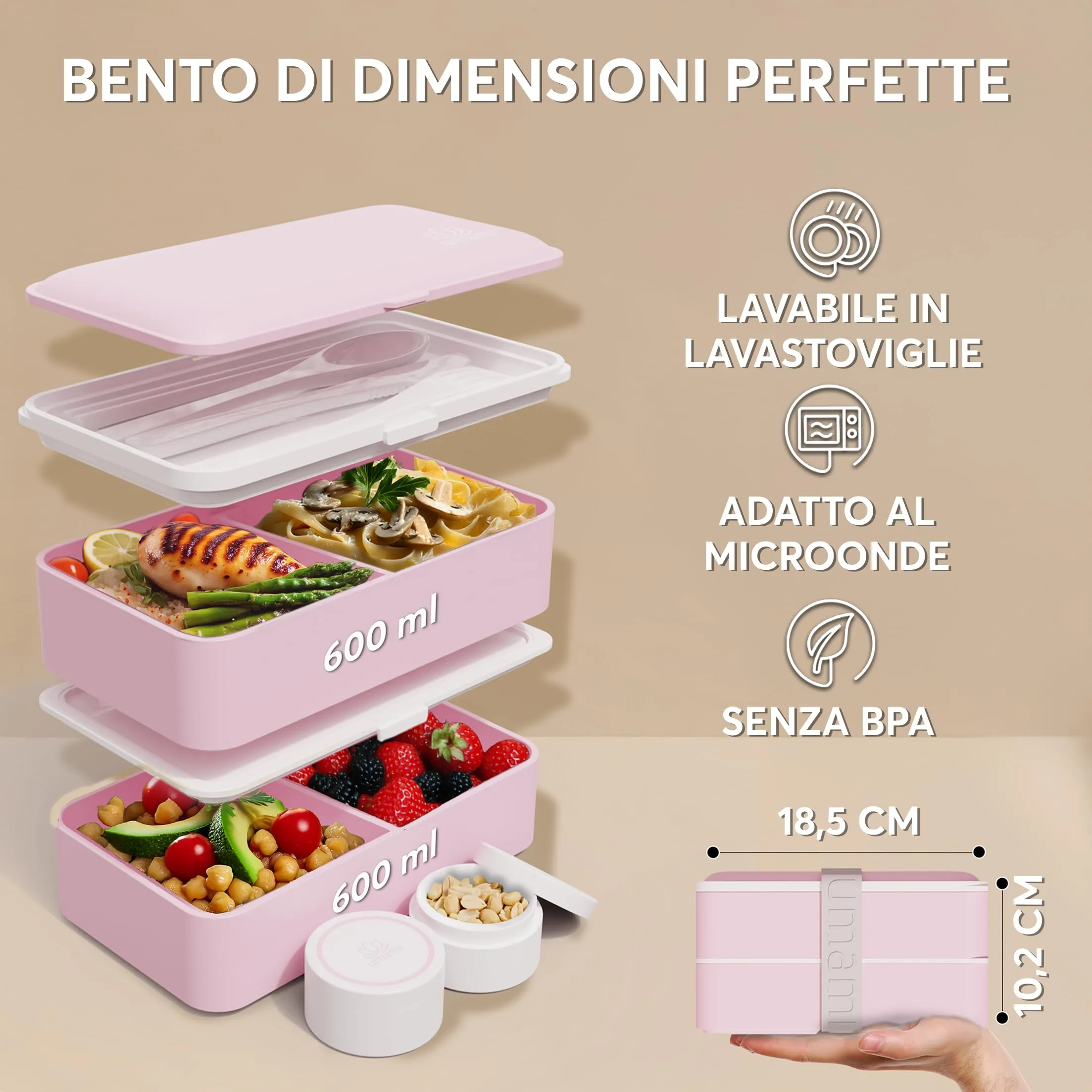 Umami Bento Box Porta Pranzo Ermetico con Scomparti, 1200 ml, Rosa Kawaii, con 4 Posate e 2 Contenitori per Salsa - immagine 5