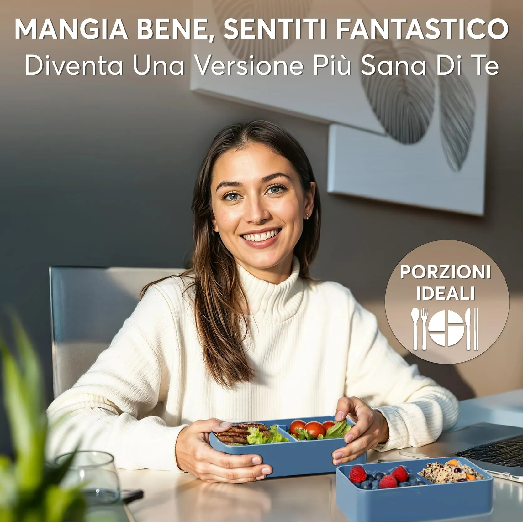 Umami Porta Pranzo Bento Box 4 Scomparti con Posate, 1200 ml, Blu Denim - immagine 2