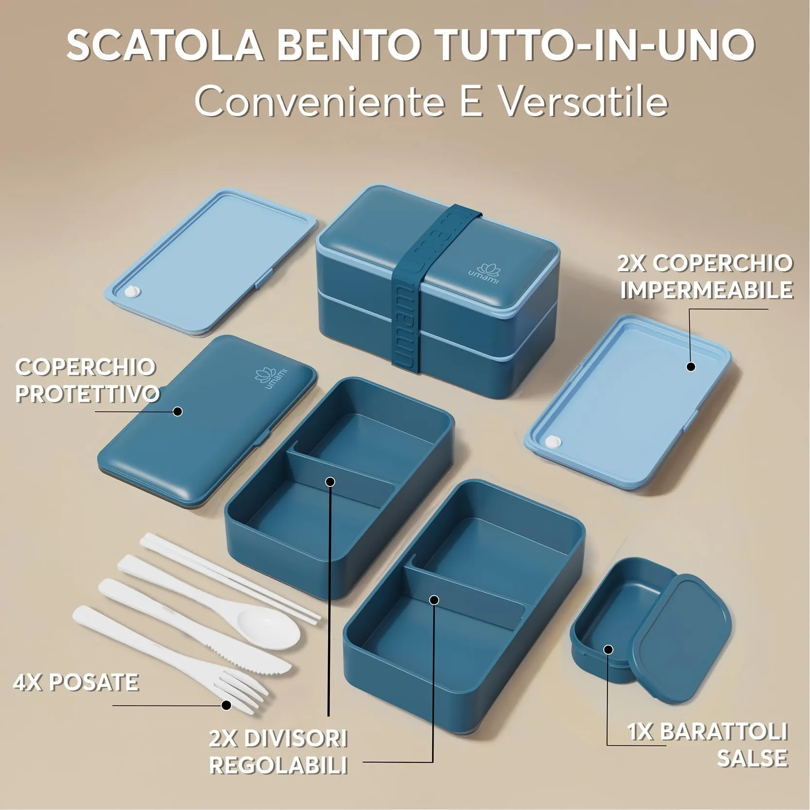 Umami Porta Pranzo Bento Box 4 Scomparti con Posate, 1200 ml, Blu Denim - immagine 3