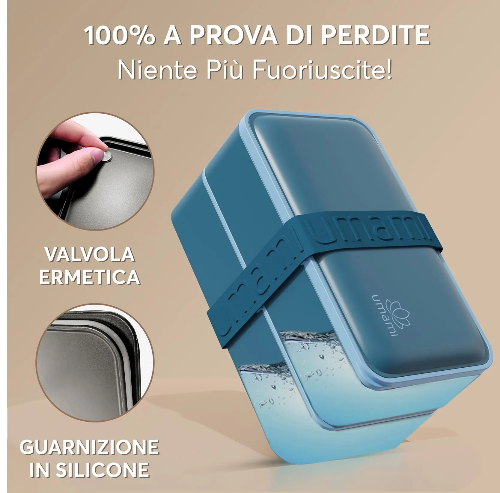 Umami Porta Pranzo Bento Box 4 Scomparti con Posate, 1200 ml, Blu Denim - immagine 4