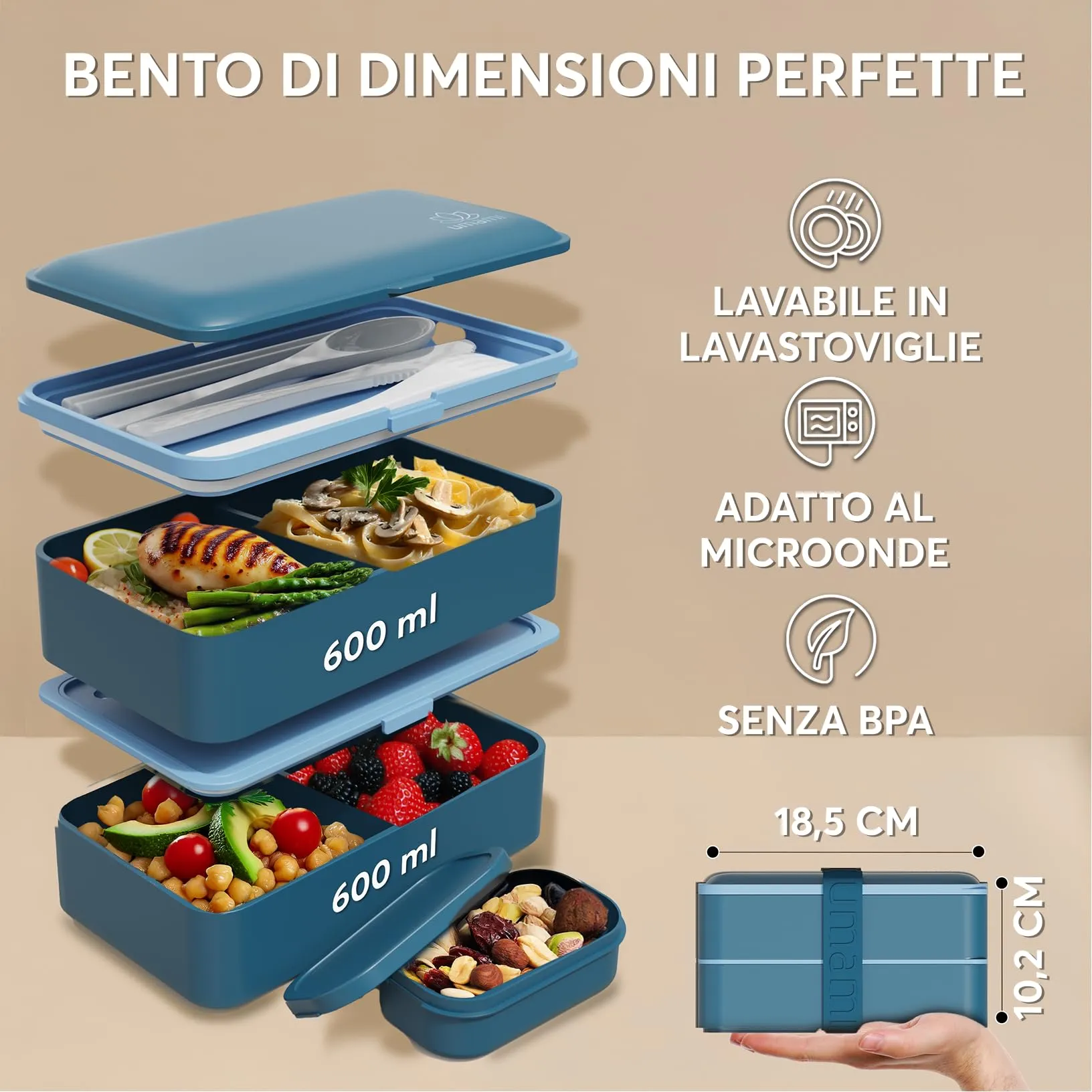 Umami Porta Pranzo Bento Box 4 Scomparti con Posate, 1200 ml, Blu Denim - immagine 5