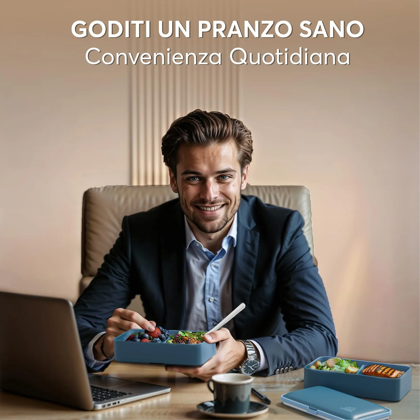 Umami Porta Pranzo Bento Box 4 Scomparti con Posate, 1200 ml, Blu Denim - immagine 6