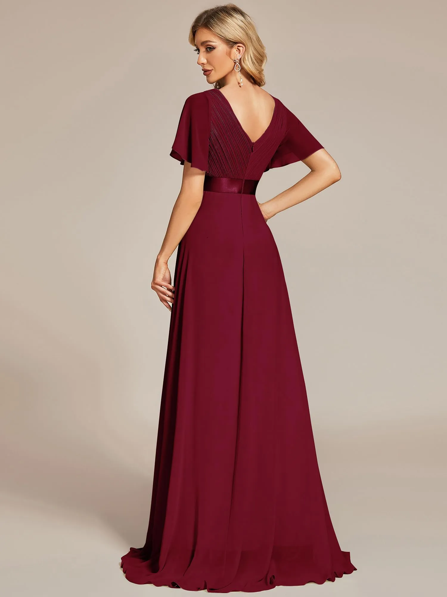 Ever-Pretty Vestito da Damigella Donna Stile Impero Linea ad A Scollo a V Maniche Corte Lungo Borgogna 58 - immagine 3