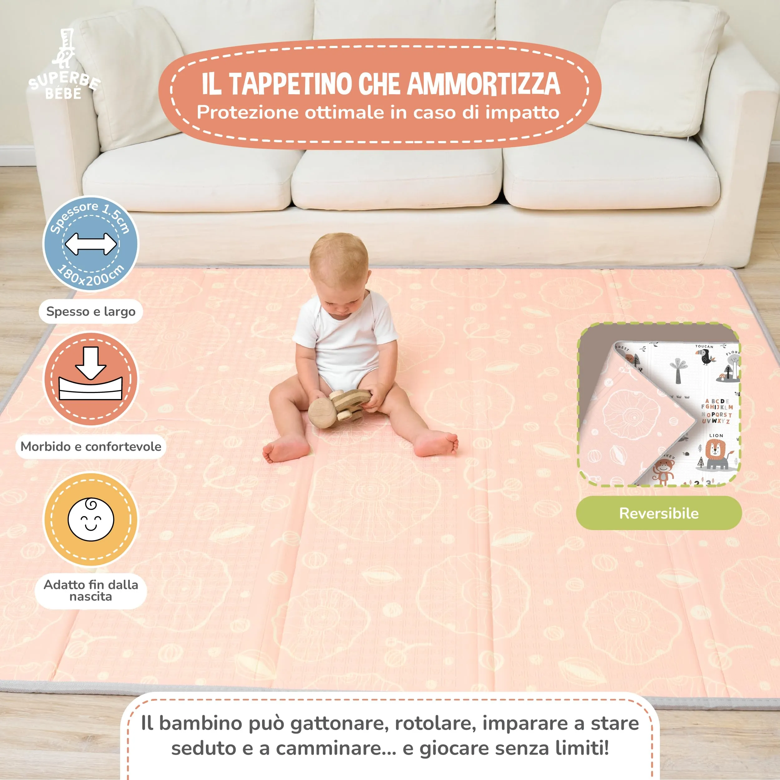 SUPERBE BEBE Tappeto Gioco Bambini Pieghevole 180x200x1.5cm Montessori Reversibile in Schiuma - immagine 2