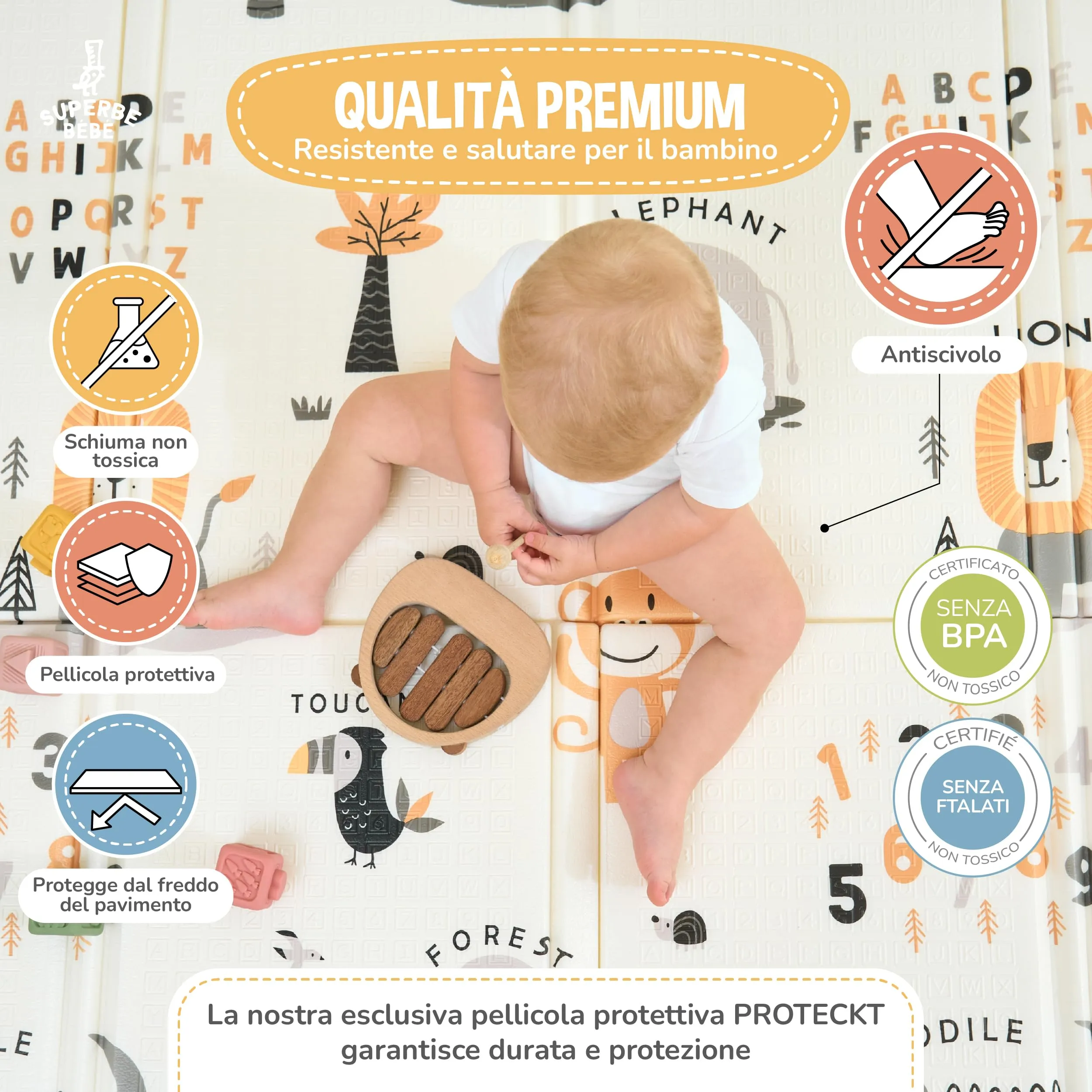 SUPERBE BEBE Tappeto Gioco Bambini Pieghevole 180x200x1.5cm Montessori Reversibile in Schiuma - immagine 5